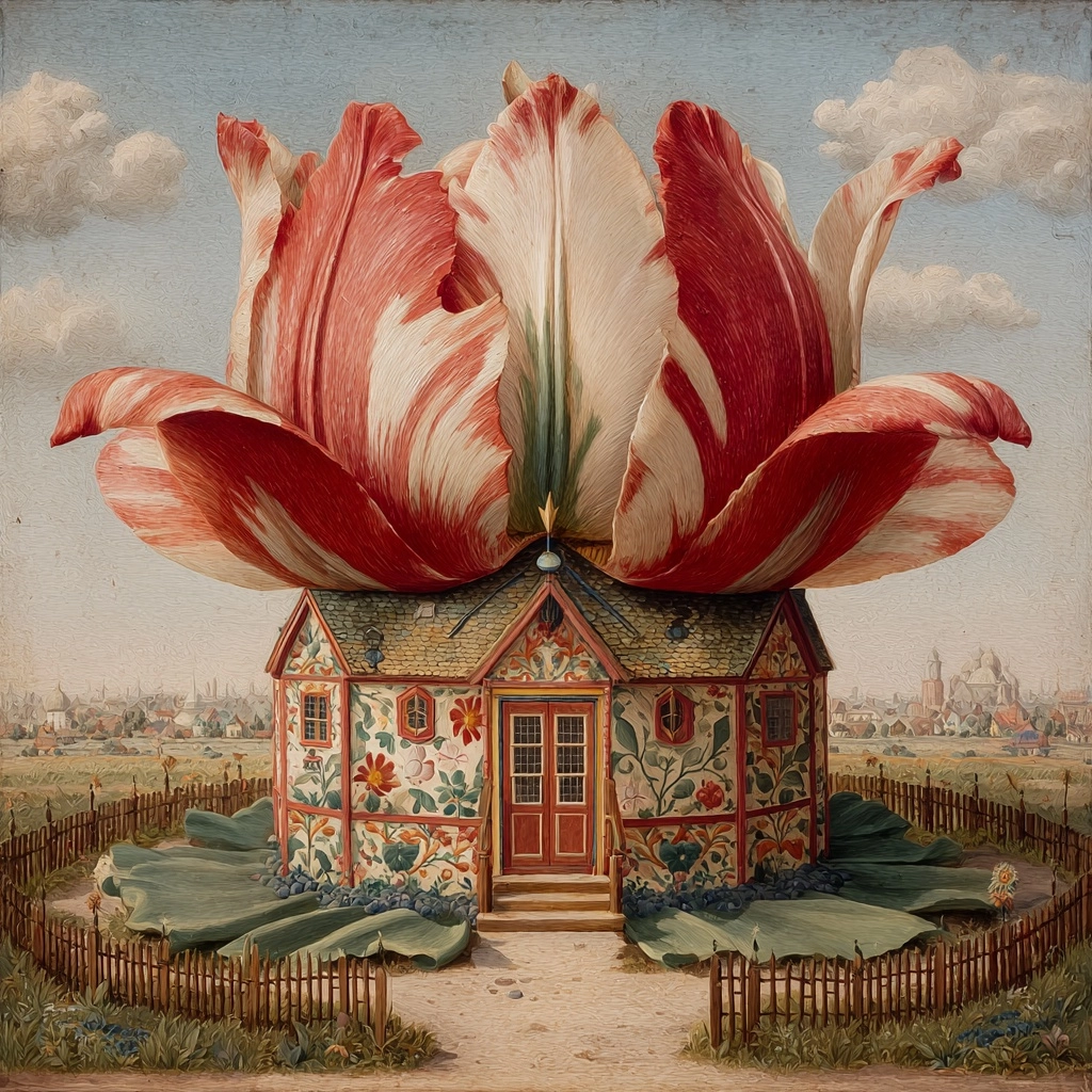 A fairytale round house, the roof of which is made from an upside-down tulip flower head. Large tuli
