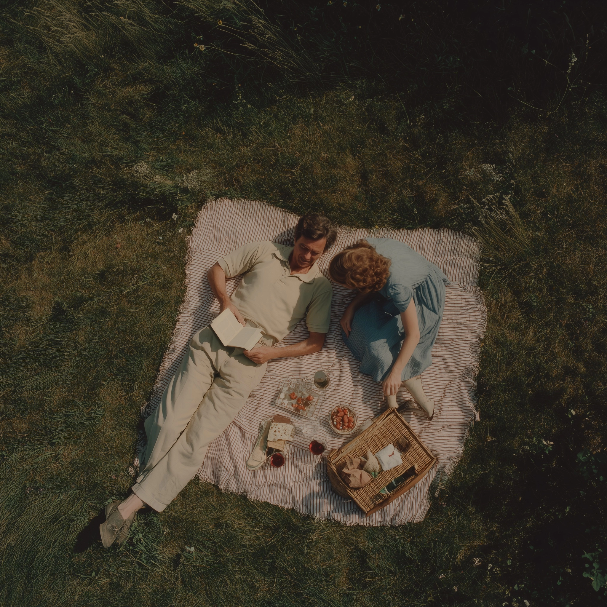 A high-angle bird's-eye view looking straight down at a couple lounging on a striped picnic blanket