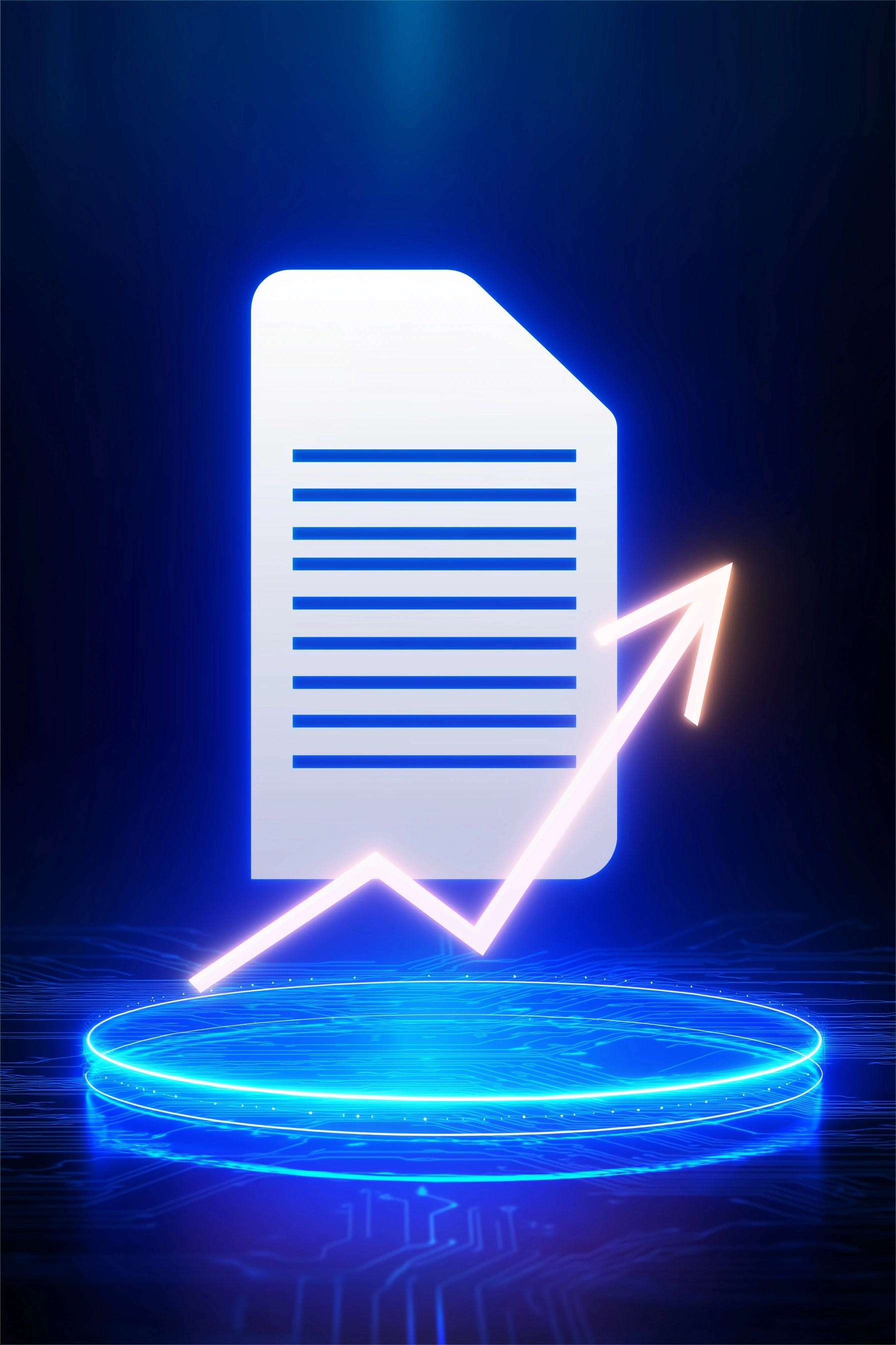 A high-end fintech visual showing a glowing digital document hologram above a futuristic dashboard