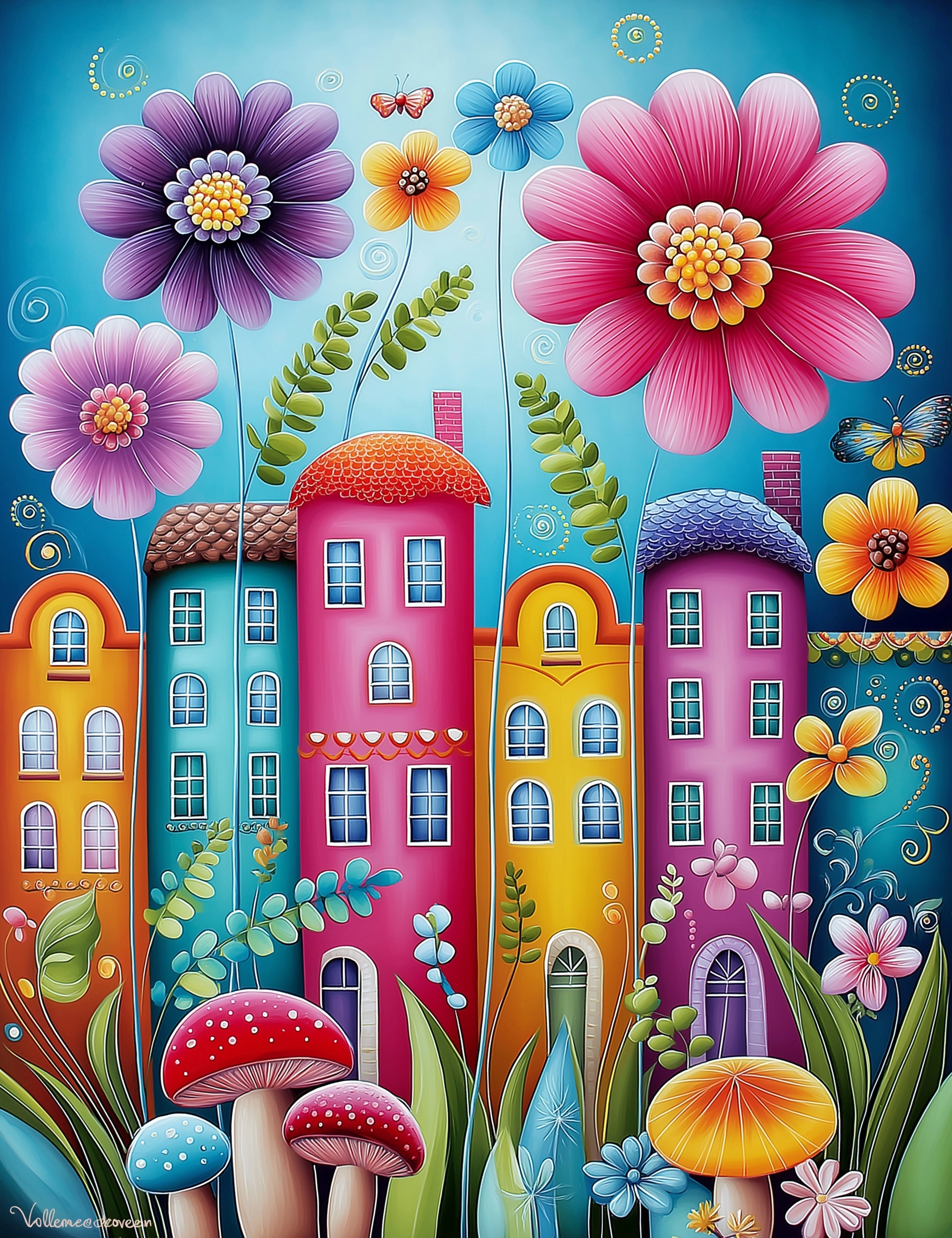 A high quality colorized coloring image of a group of pretty and colorful townhouse with pretty gard