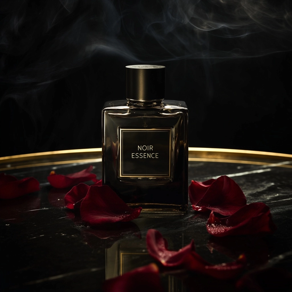 A luxury dark smoky glass perfume bottle with a minimal gold embossed label that reads "NOIR ESSENCE