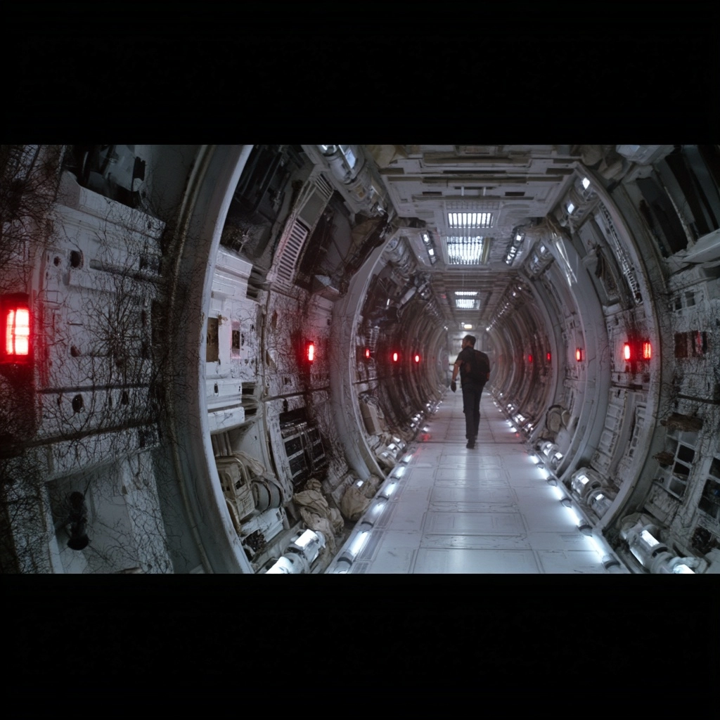 Youlan starship wreck corridor, ruptured hull, drifting debris, emergency red lamps