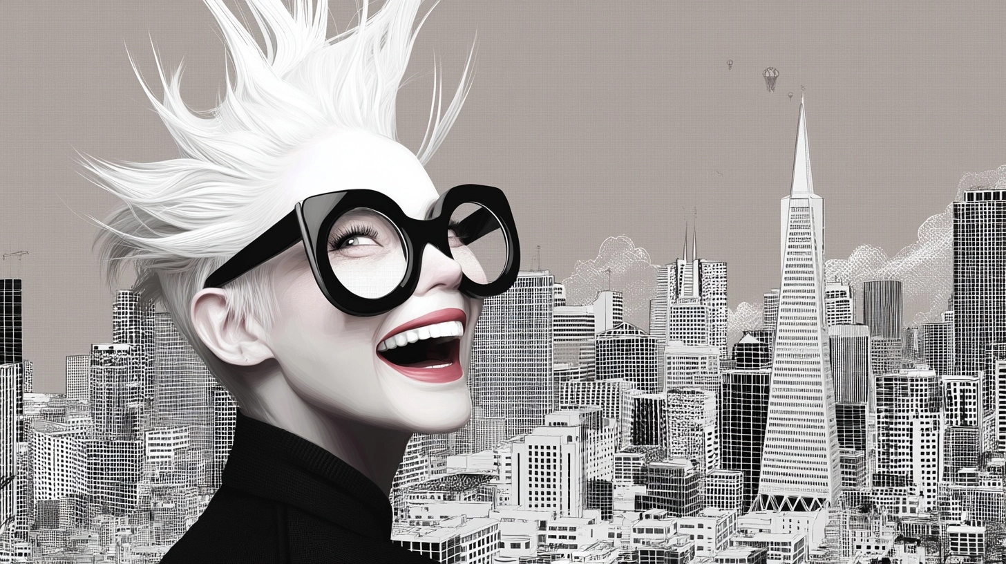 Woman with short white spiky hair wearing spectacles, whimsical smile