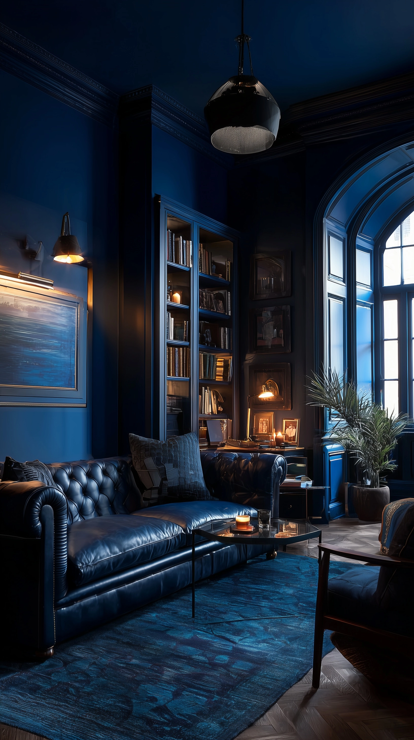 A London apartment study in deep blue and slate lies still beneath moonlight at night. The blue stea