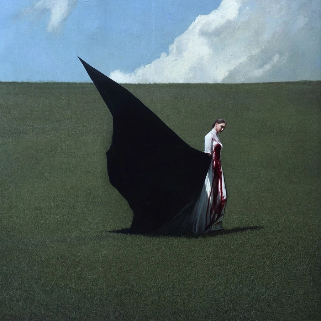 A lone bride walking in a vast soft green field under a bright cloudy sky, cinematic landscape