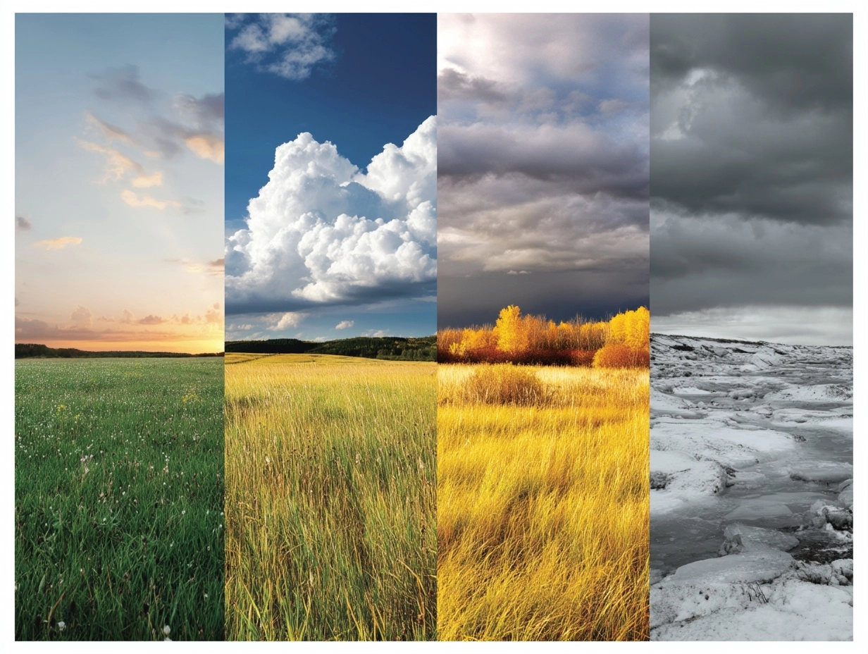A magazine spread has 4 panes, showing the same landscape scene across four seasons. The first pane