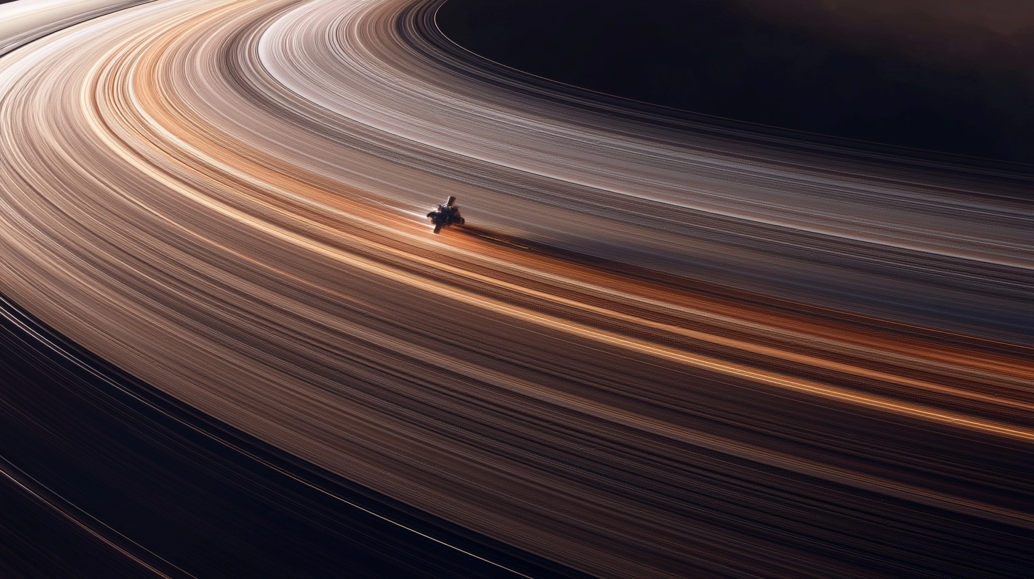 Cinematic, an aerial view of the rings around saturn, captured with a fujifilm camera