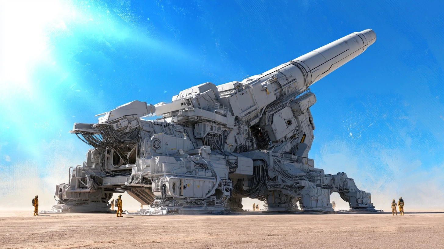 A massive modern super cannon mounted on a heavy mobile platform in an open desert. The cannon has a