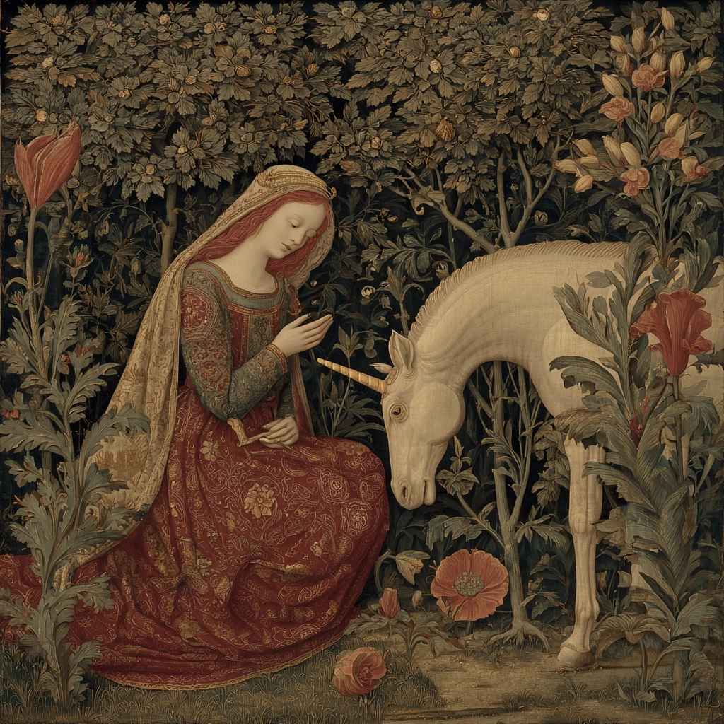 A medieval painting with a veiled red haired maiden and unicorn surrounded by botanical motifs inspi