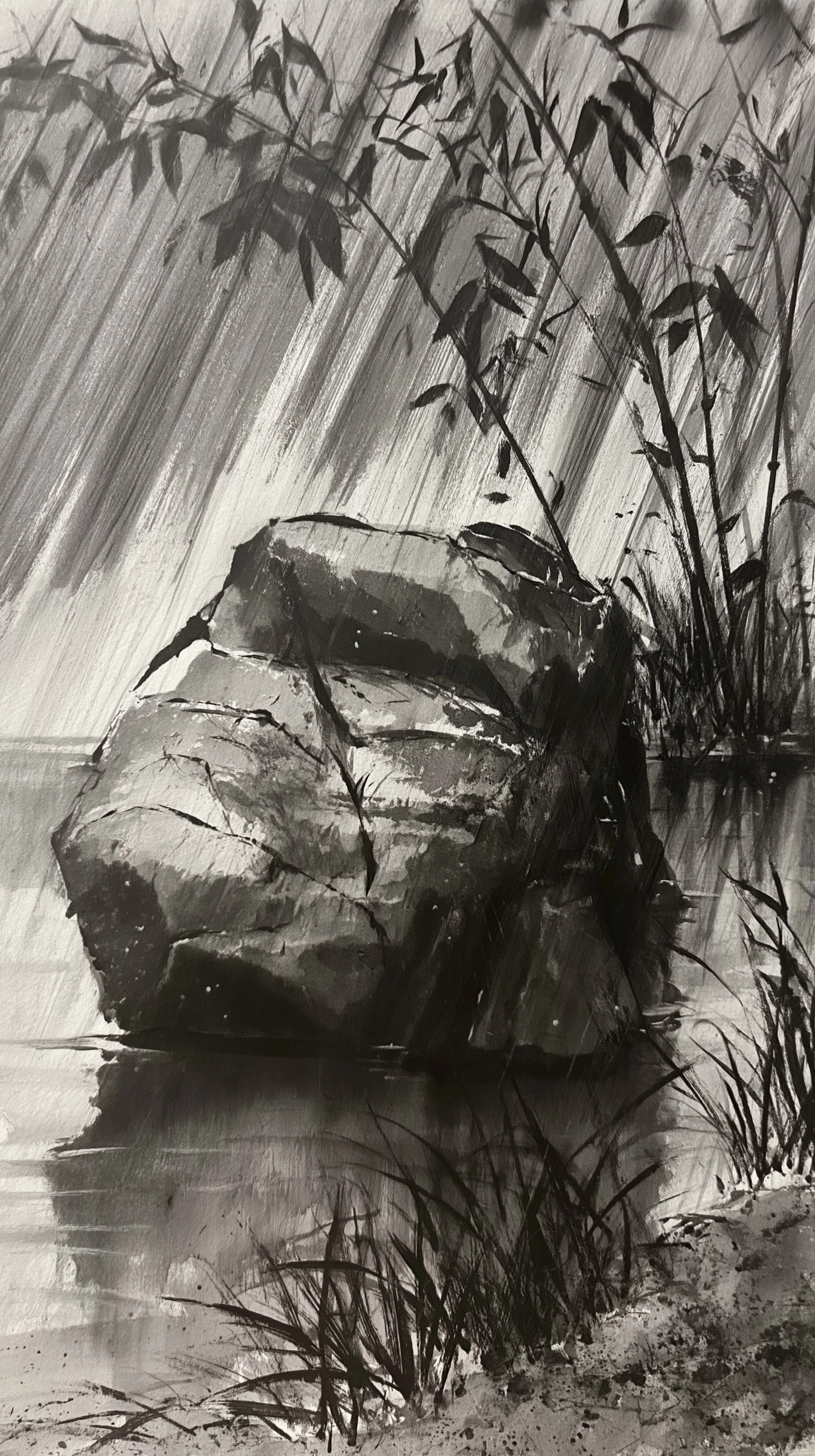 A messy sumi-e painting of a large rock in a pond in the rain, bamboo and rushes grow by the lake.