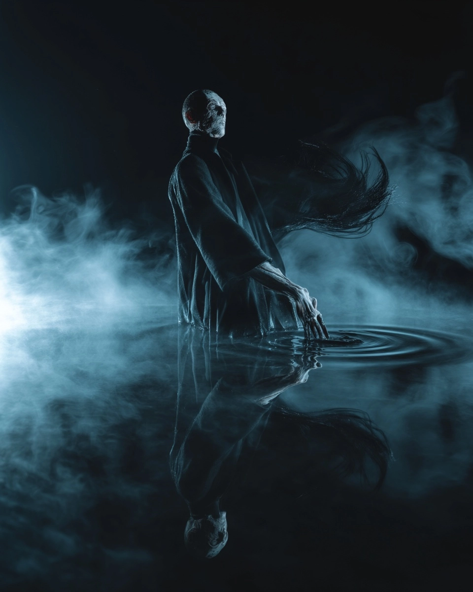Wide cinematic shot, the undead magician standing knee-deep in a perfectly still black lake at night