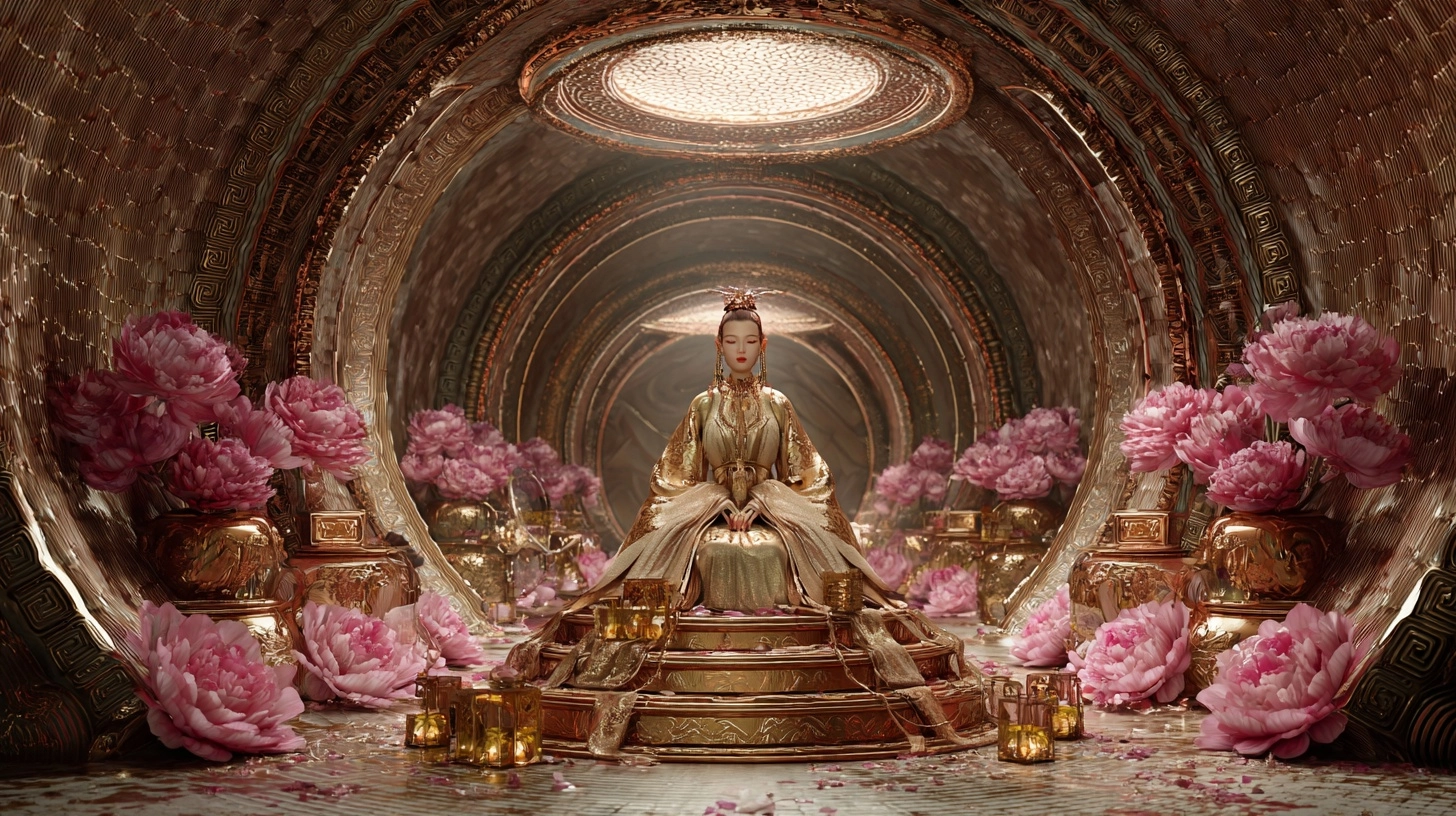 Octane Render.Chinese fantasy. A female cultivator's Nascent Soul sitting on a lotus platform inside