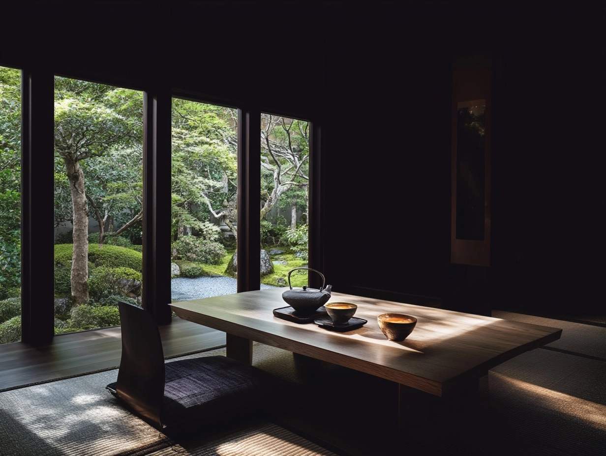 A minimalist japanese tea ceremony room with large windows overlooking the garden