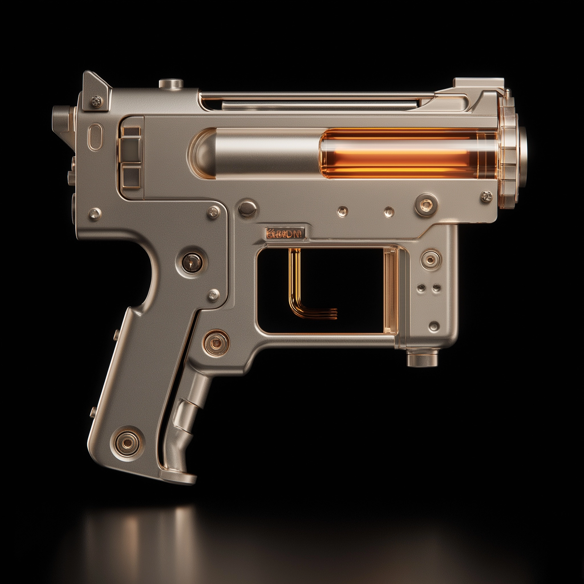 Compact flare gun inspired toy object, abstracted firearm silhouette, exaggerated proportions