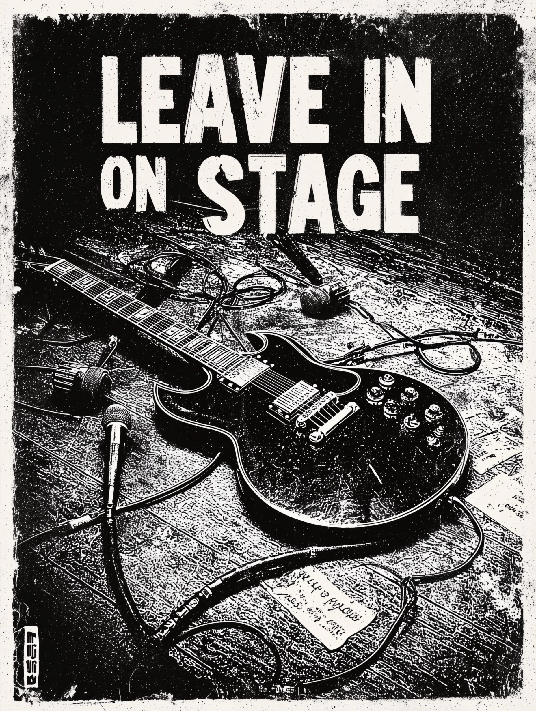 A top-down, high-grain photograph-turned-halftone graphic of a smashed black electric Gibson SG guit