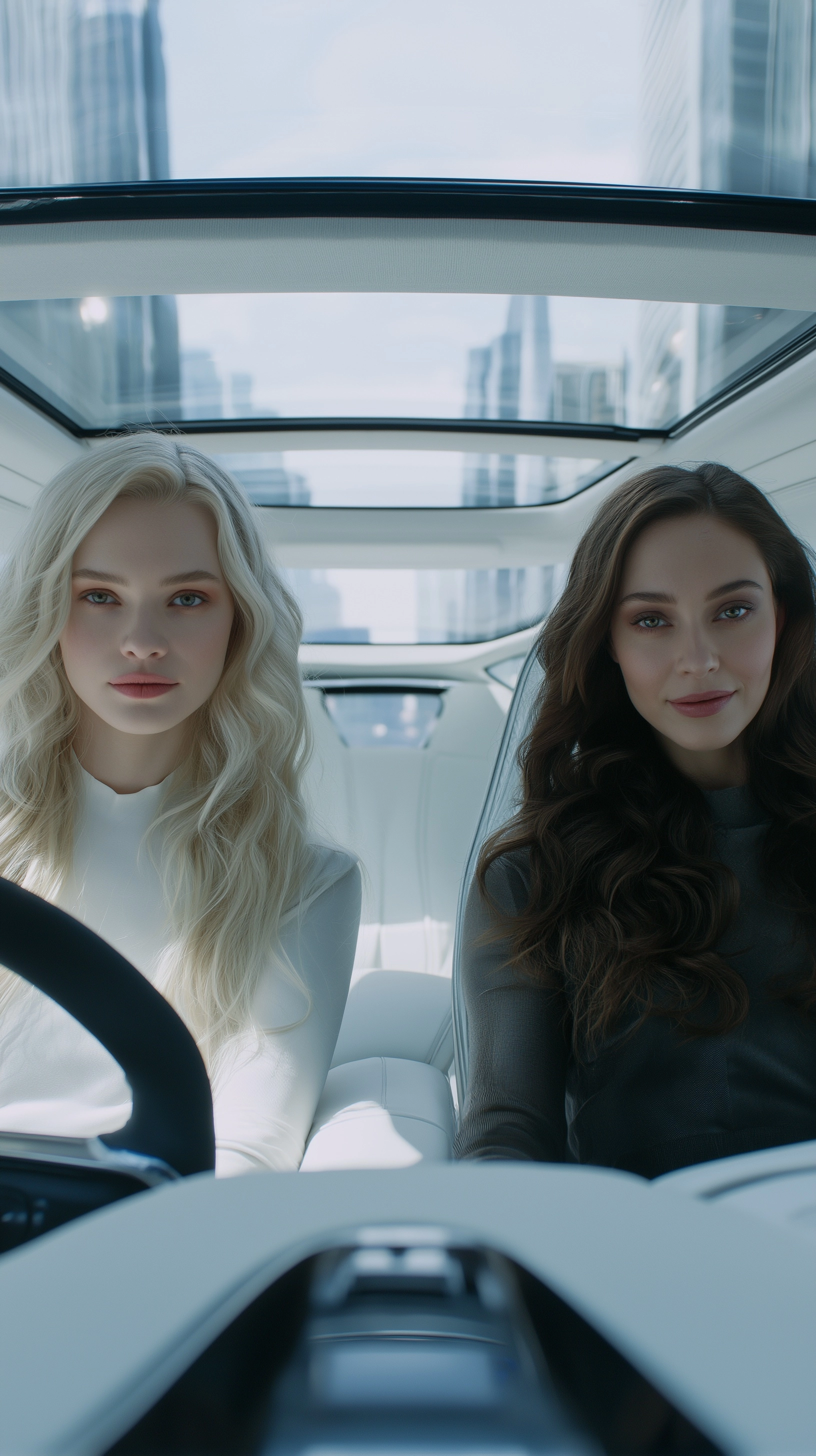 Format 9*16 reels Front-facing cinematic shot from inside a futuristic autonomous car
