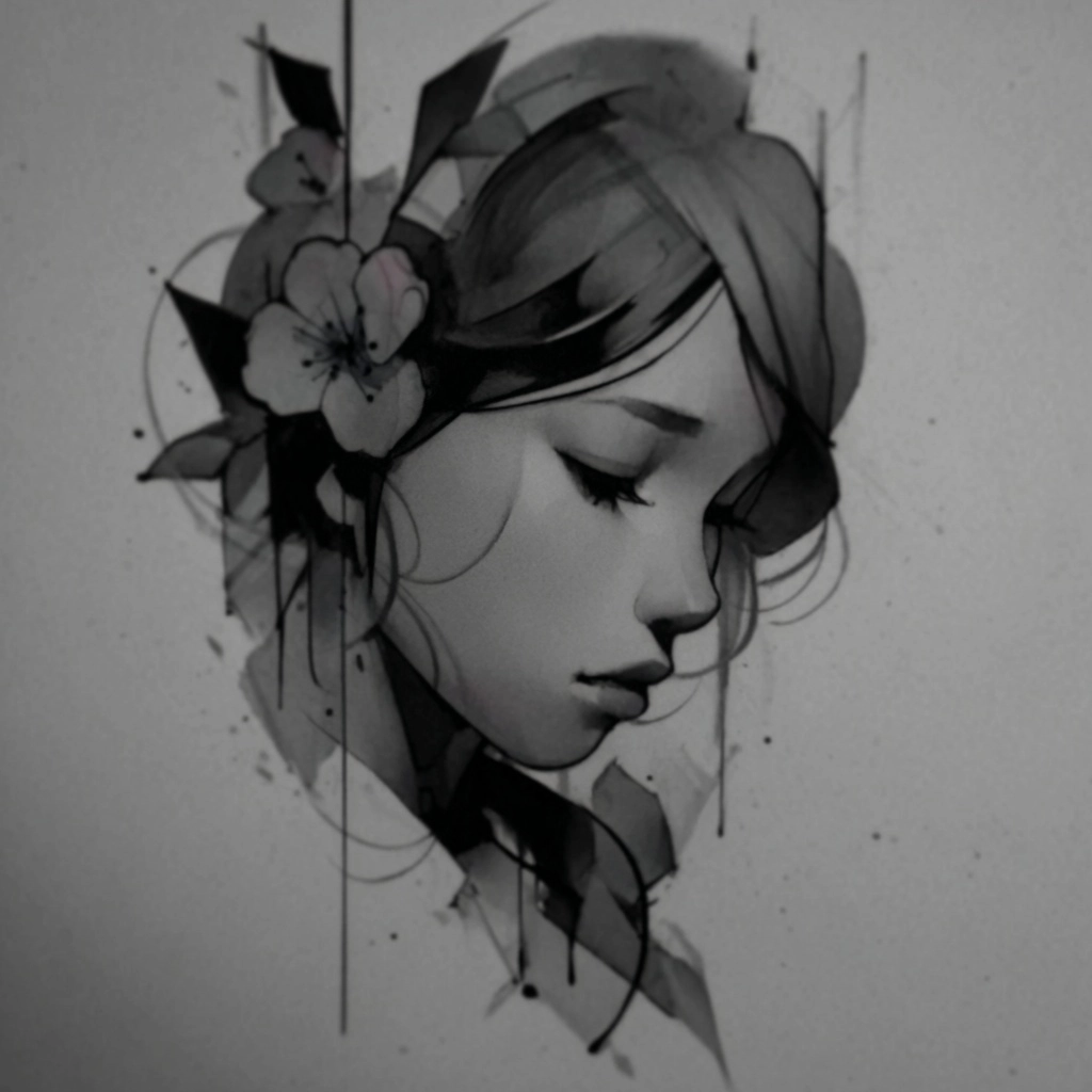 Dessins croquis minimaliste Victoria représentant le visage d'une jeune fille avec une fleur de ceri