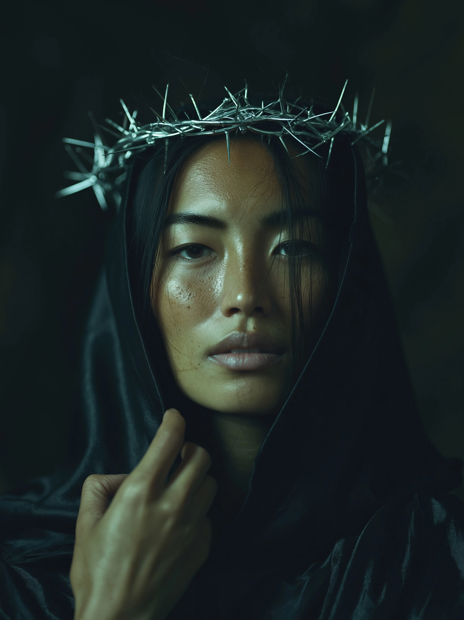 Scorpio witch queen, chest-up portrait, gorgeous pale Asian female supermodel with intense gaze and