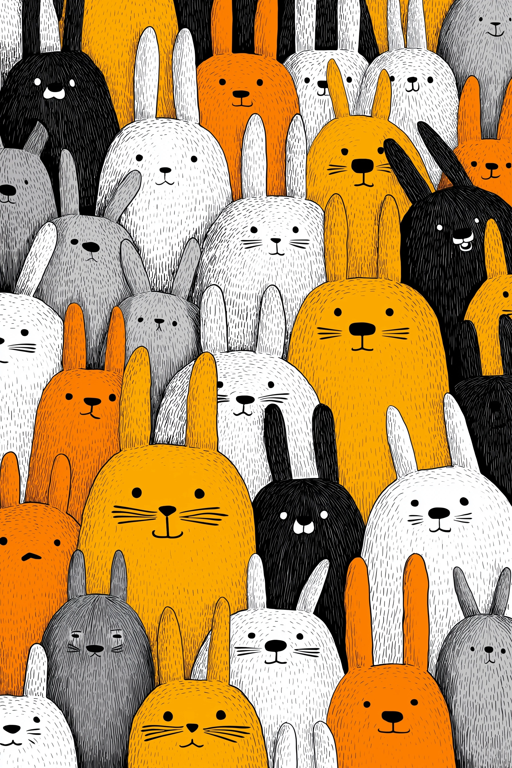 A page full of rabbits, mad ones, happy ones, stupid ones. Fun illustration style. Text at the top s