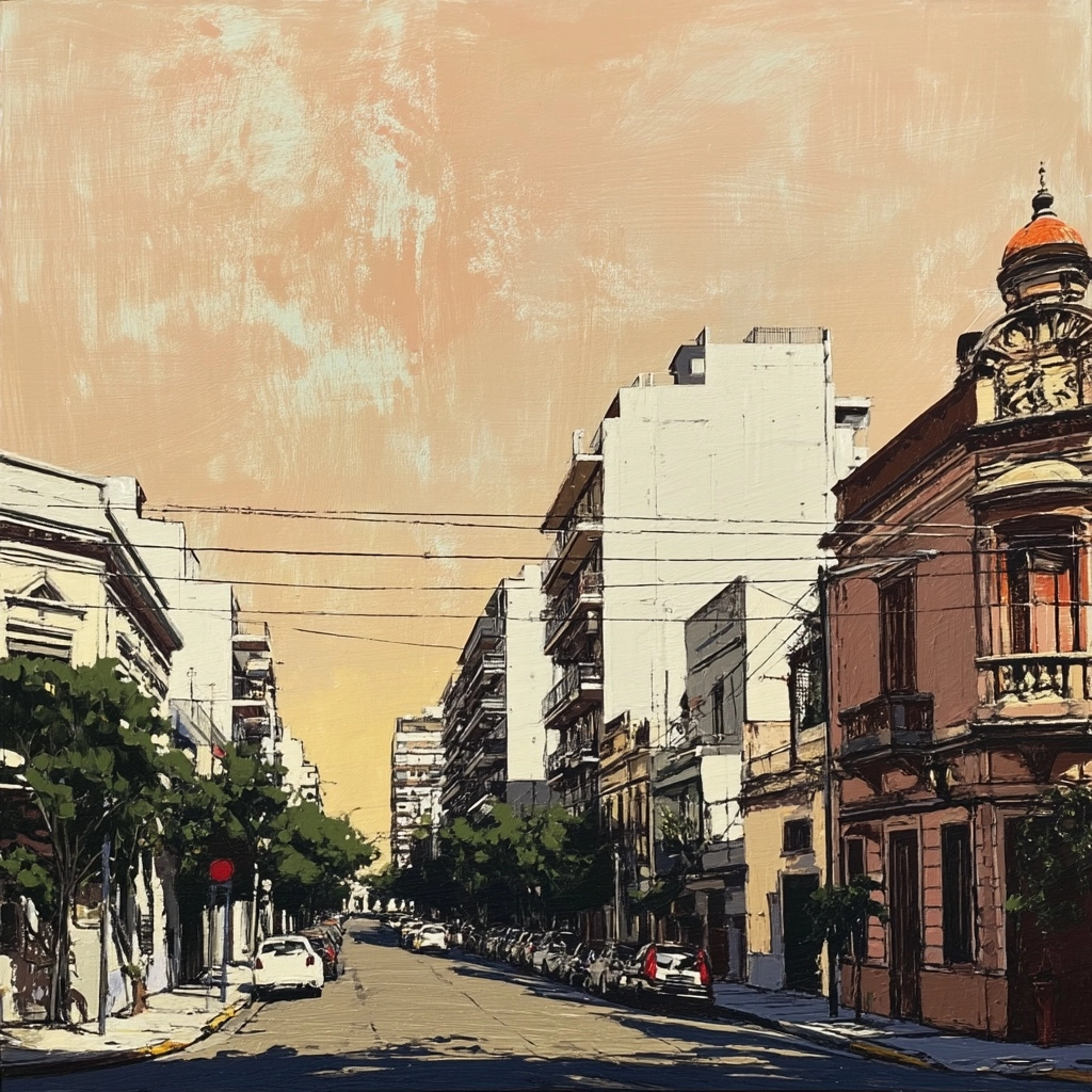 Buenos Aires urban scene, atmospheric perspective, desaturated mediterranean palette, soft light