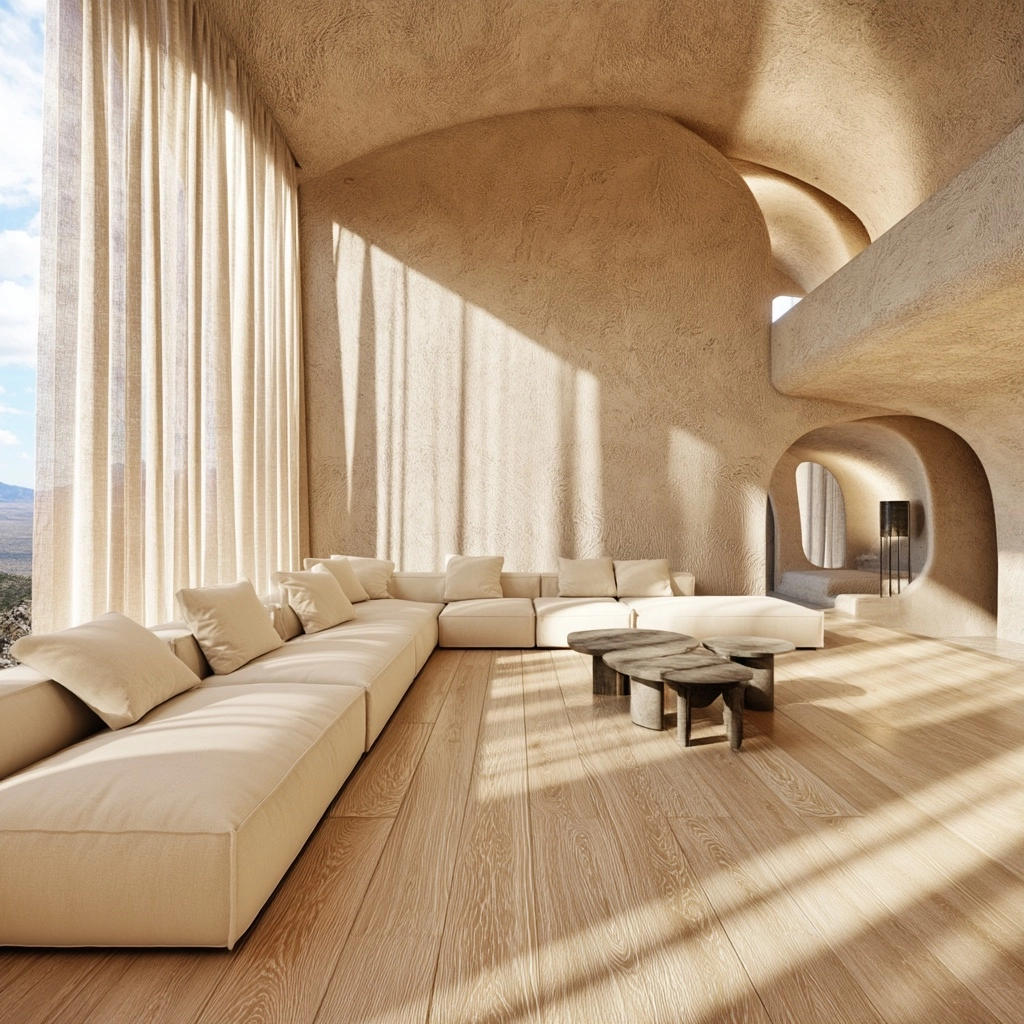 Architectural interior living room, warm minimalism interior, textured plaster walls