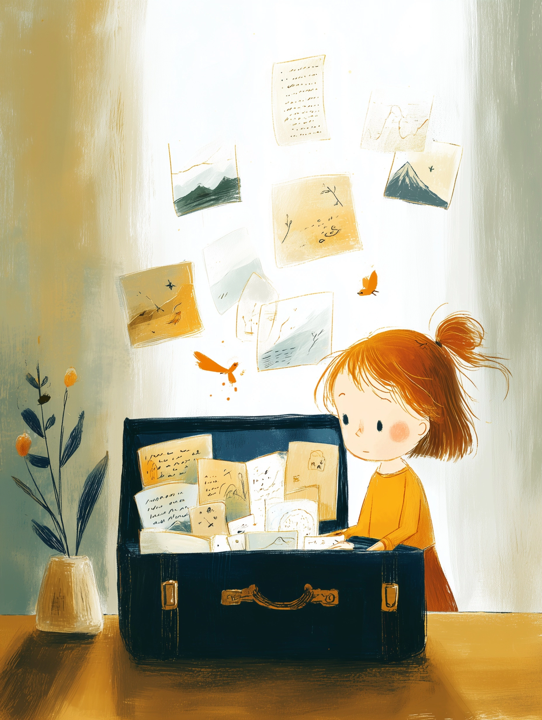 Little girl opening an old vintage suitcase filled with paper worlds, with folded maps