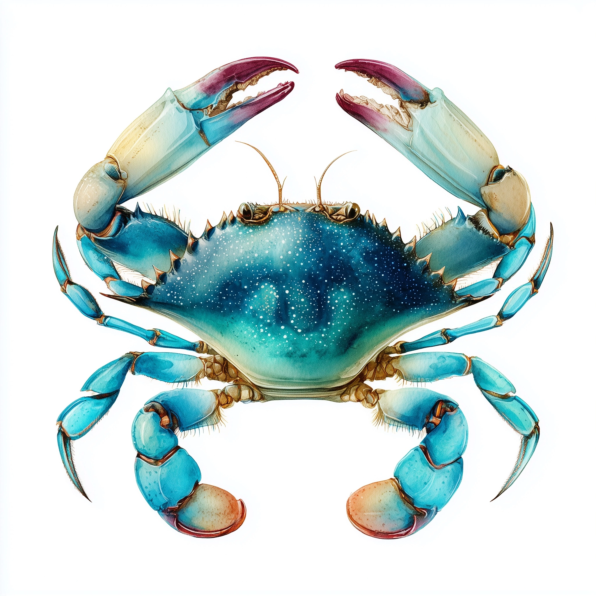 Teal crab realistic watercolor illustration, side view, isolated object on white background