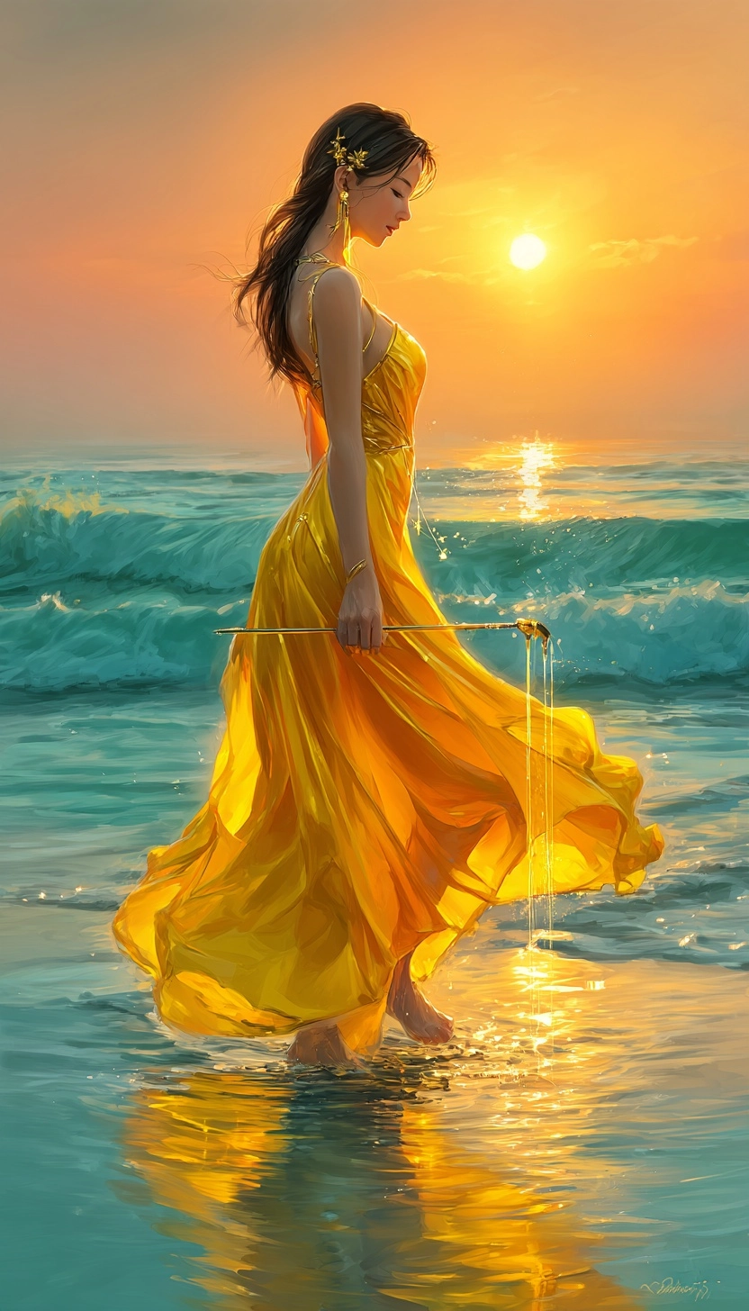 A luminous, cinematic digital painting of a graceful woman standing ankle-deep in a calm sea at suns