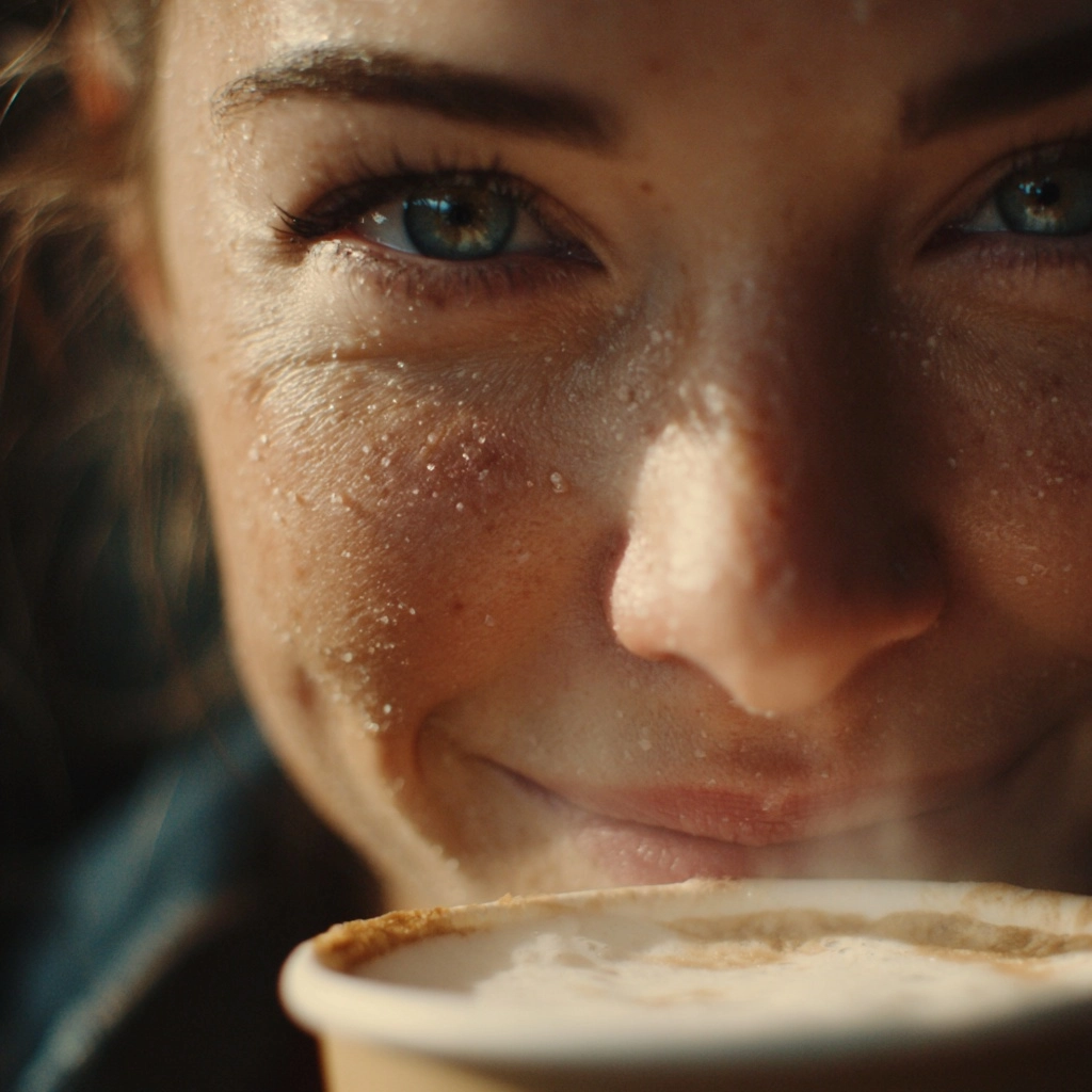 Extreme close-up video of a stunning young woman taking a slow sip of hot latte from a paper craft c