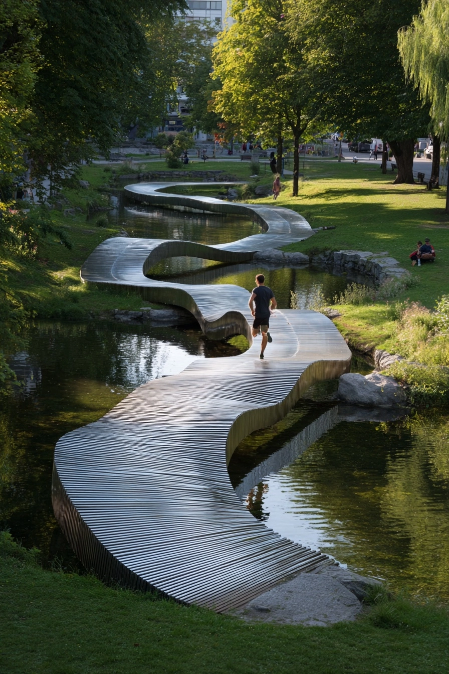 Parametric sculptural running track made of stainless strip line in a park