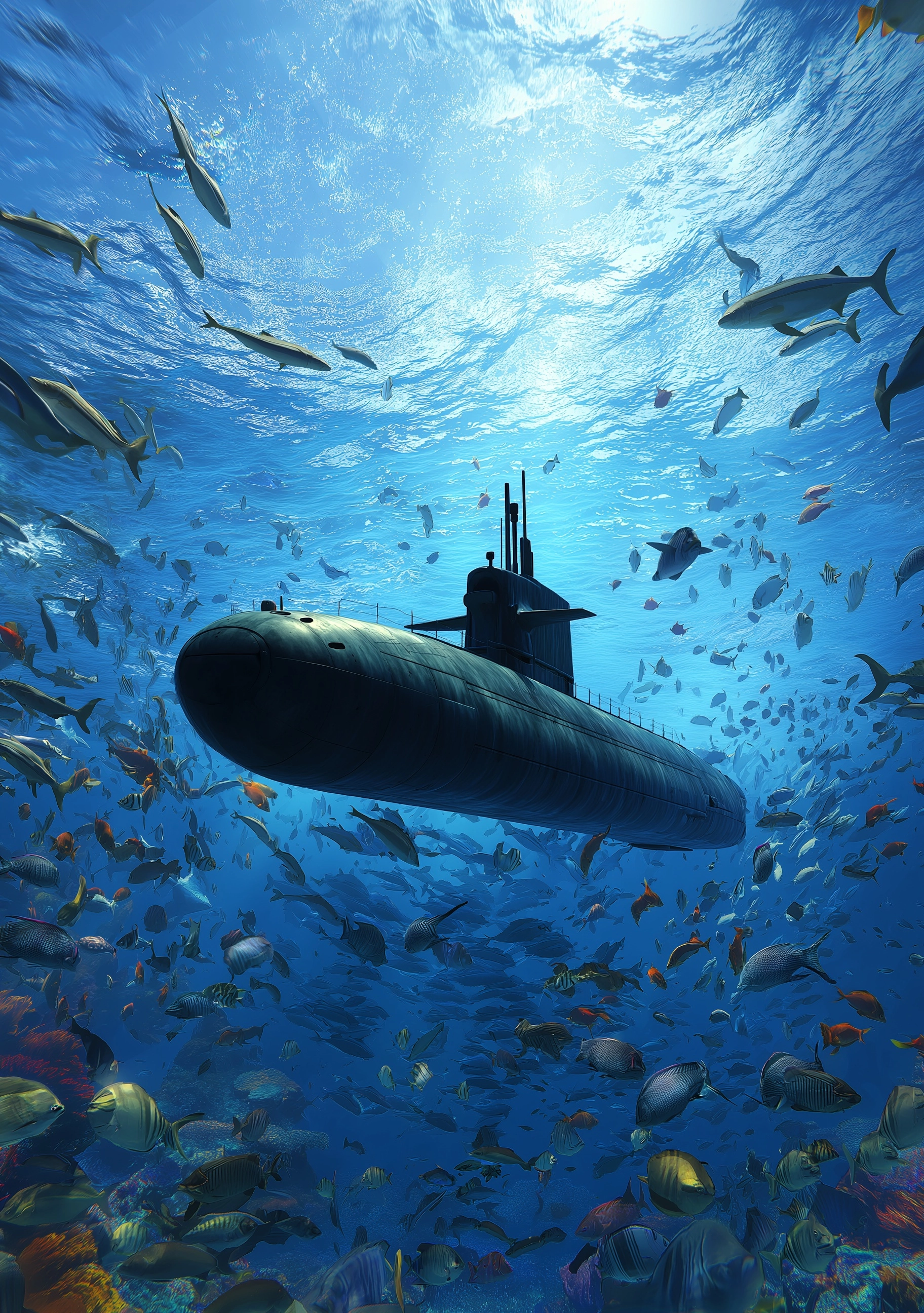 Submarine in the sea water, surrounding lots of fishes like shark and coloured fishes