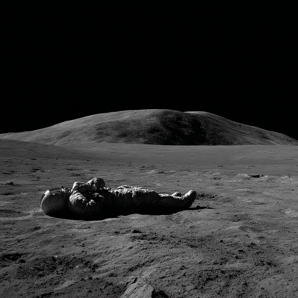 Moon landscape, desolation and silence, only disturbed by an astronaut lying on the floor