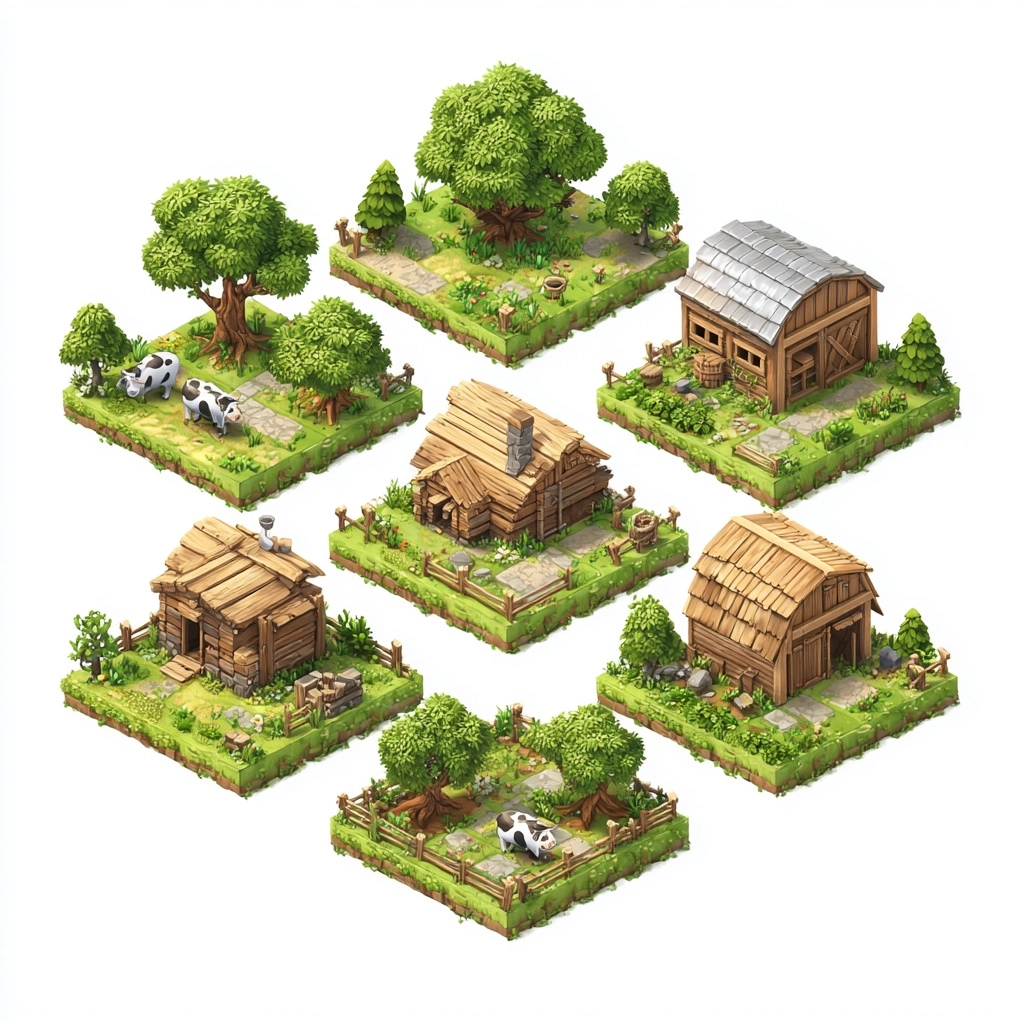 Isometric tile sheet for casual pixar game, multiple different tiles: bush, tree log, cow barn