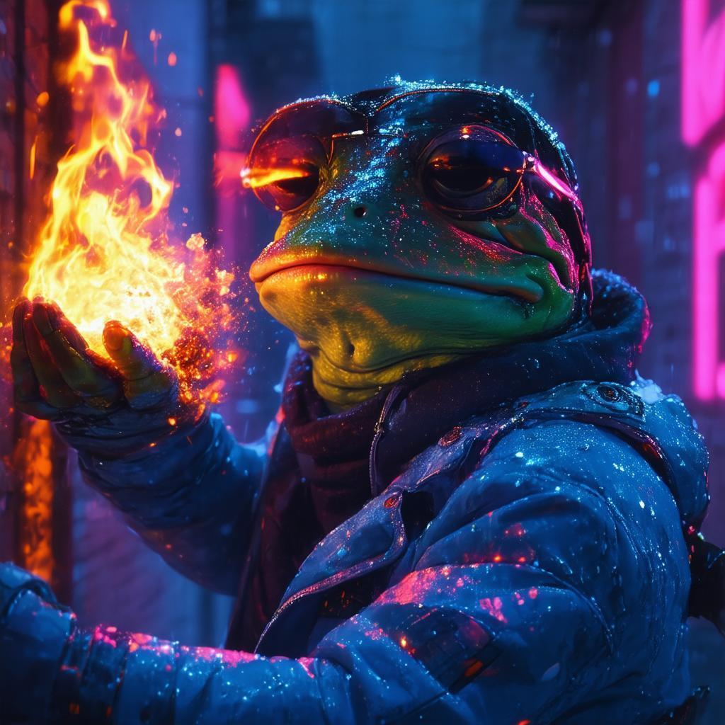 Strong Pepe Hurling a Neon Fireball