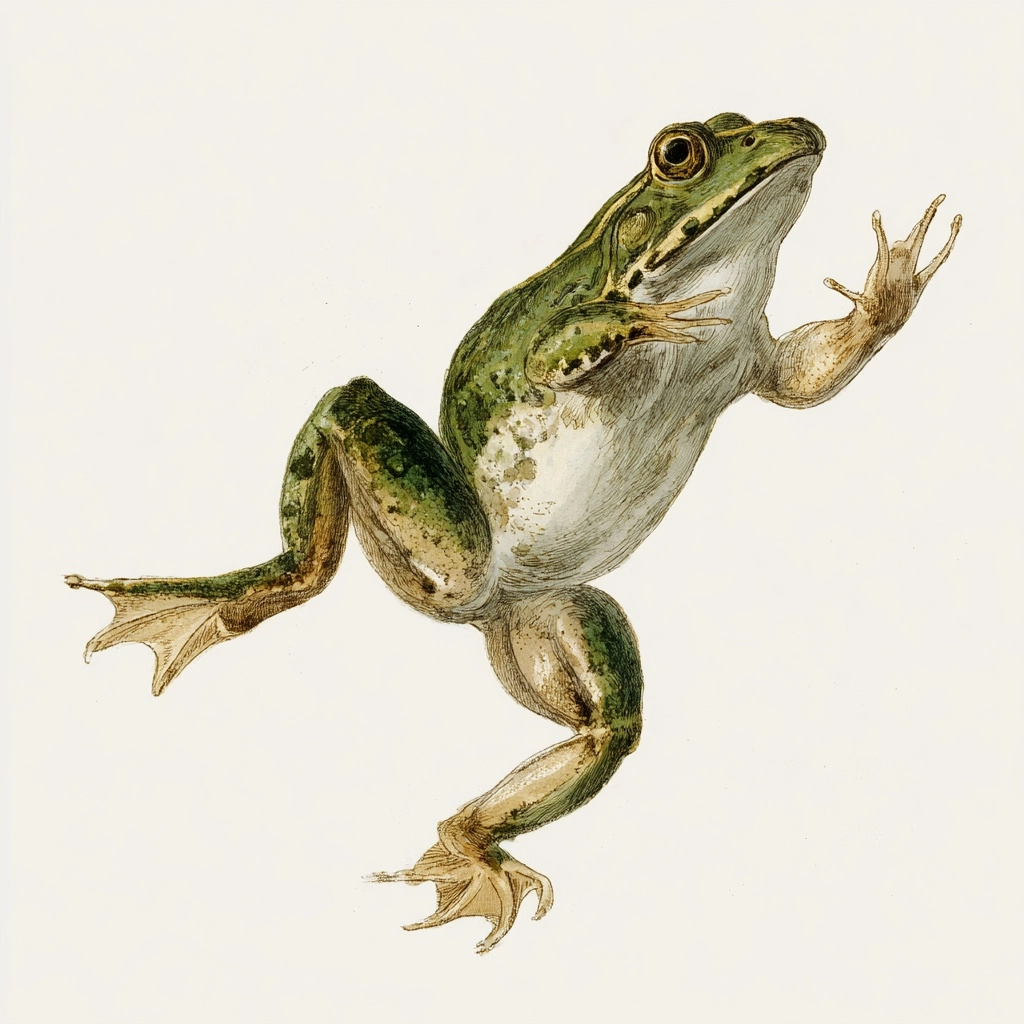 Natural history illustration of a frog jumping straight up, full body, jumping up