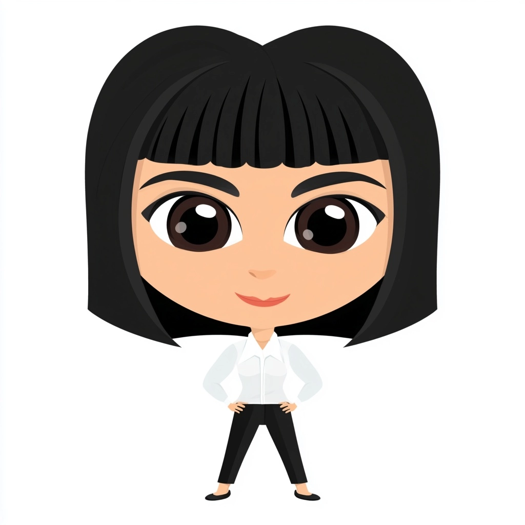 Cute girl, 2D cartoon character, short bob hair, large eyes, straight bangs, simple white background