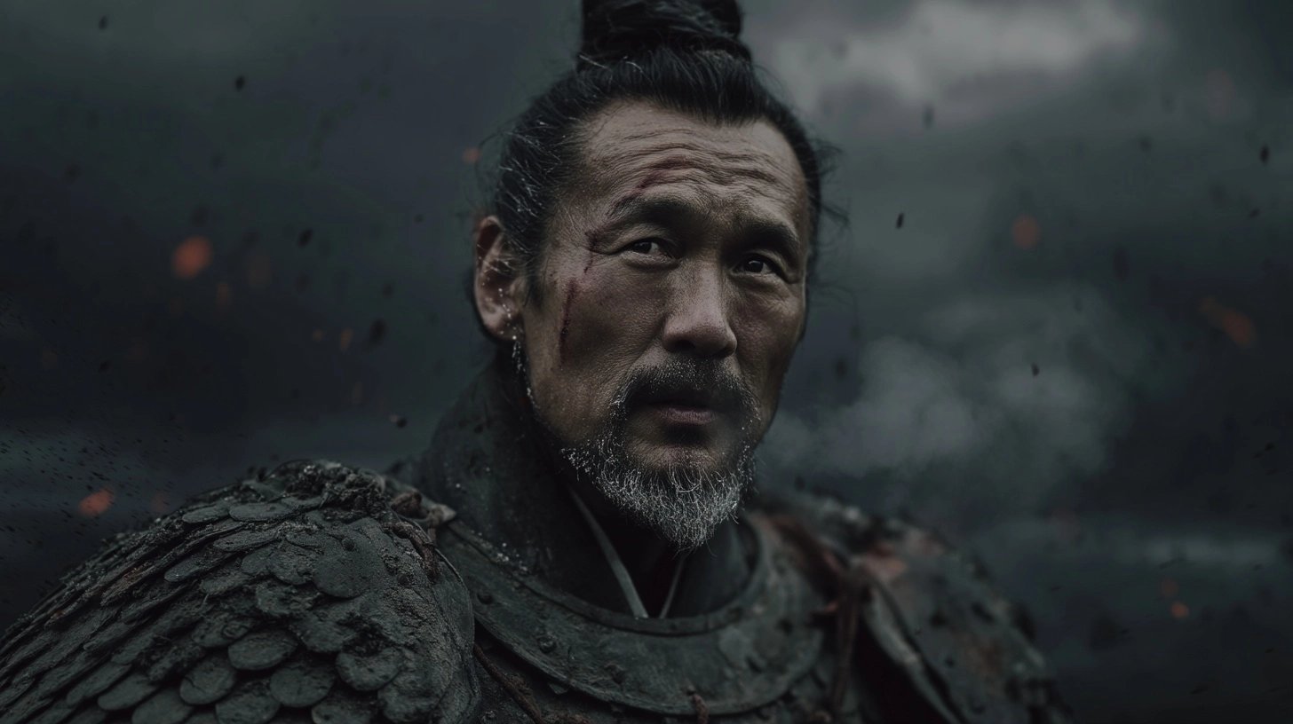 A cinematic portrait of an ancient Chinese general from the Song Dynasty, middle-aged man