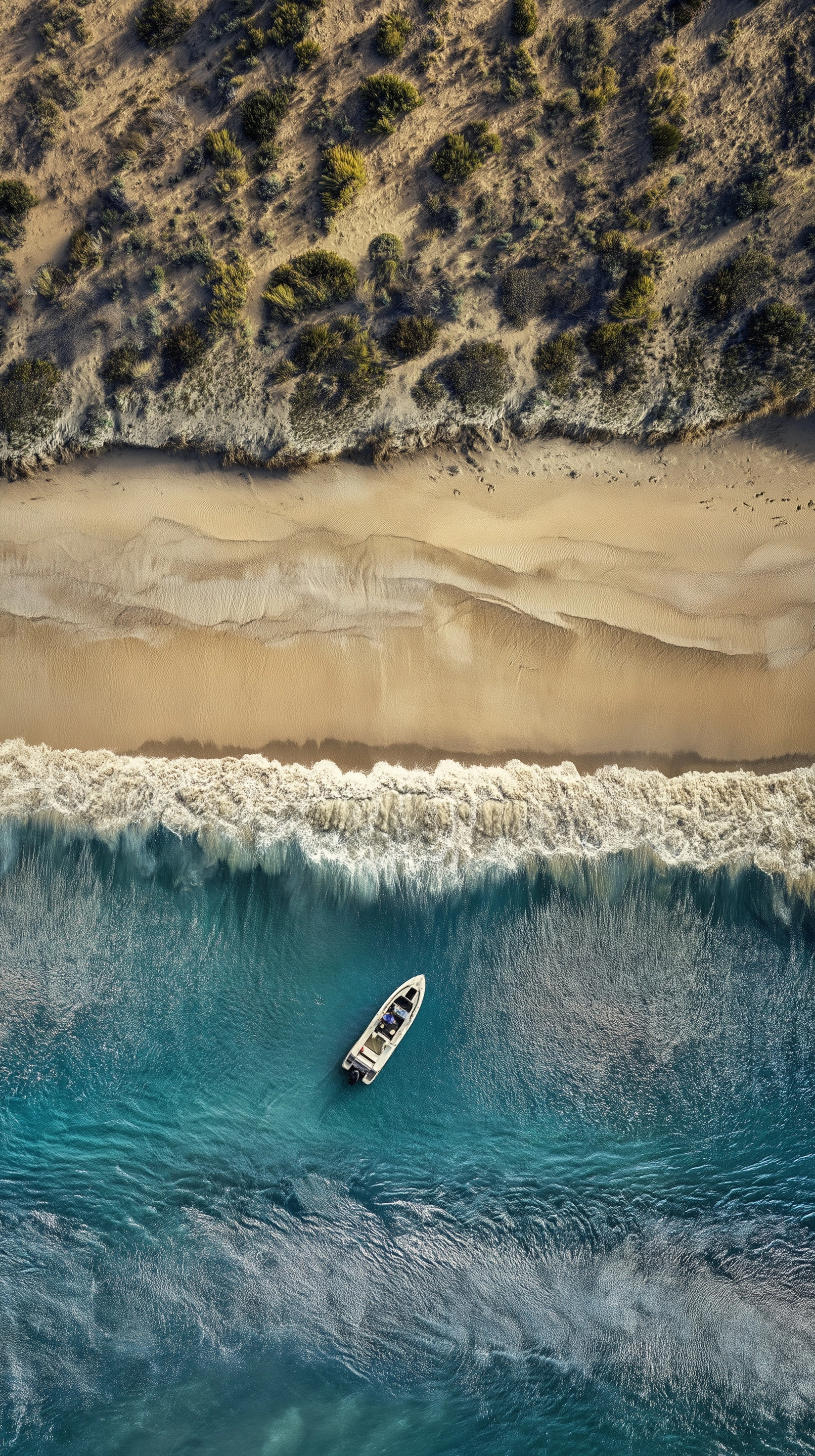 An aerial view of the beach with an ocean wave and small boat, in the style of michael bay