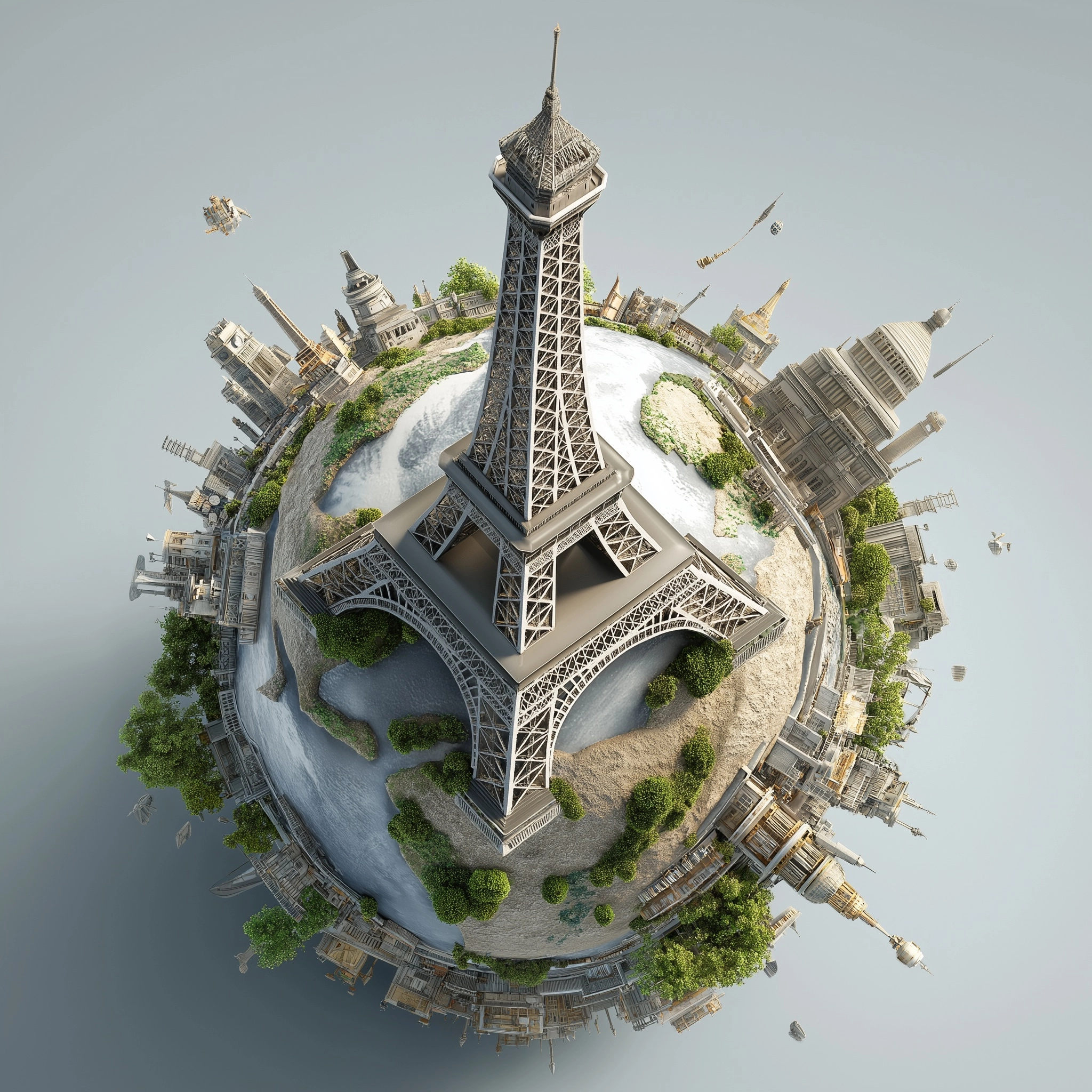 3D render of the eiffel tower set on earth, plenty of elements from all around the world around the