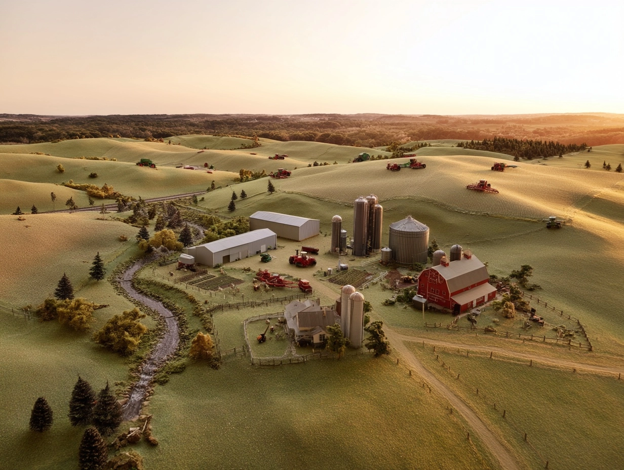Hyper-photorealistic aerial photo of a detailed miniature farm model