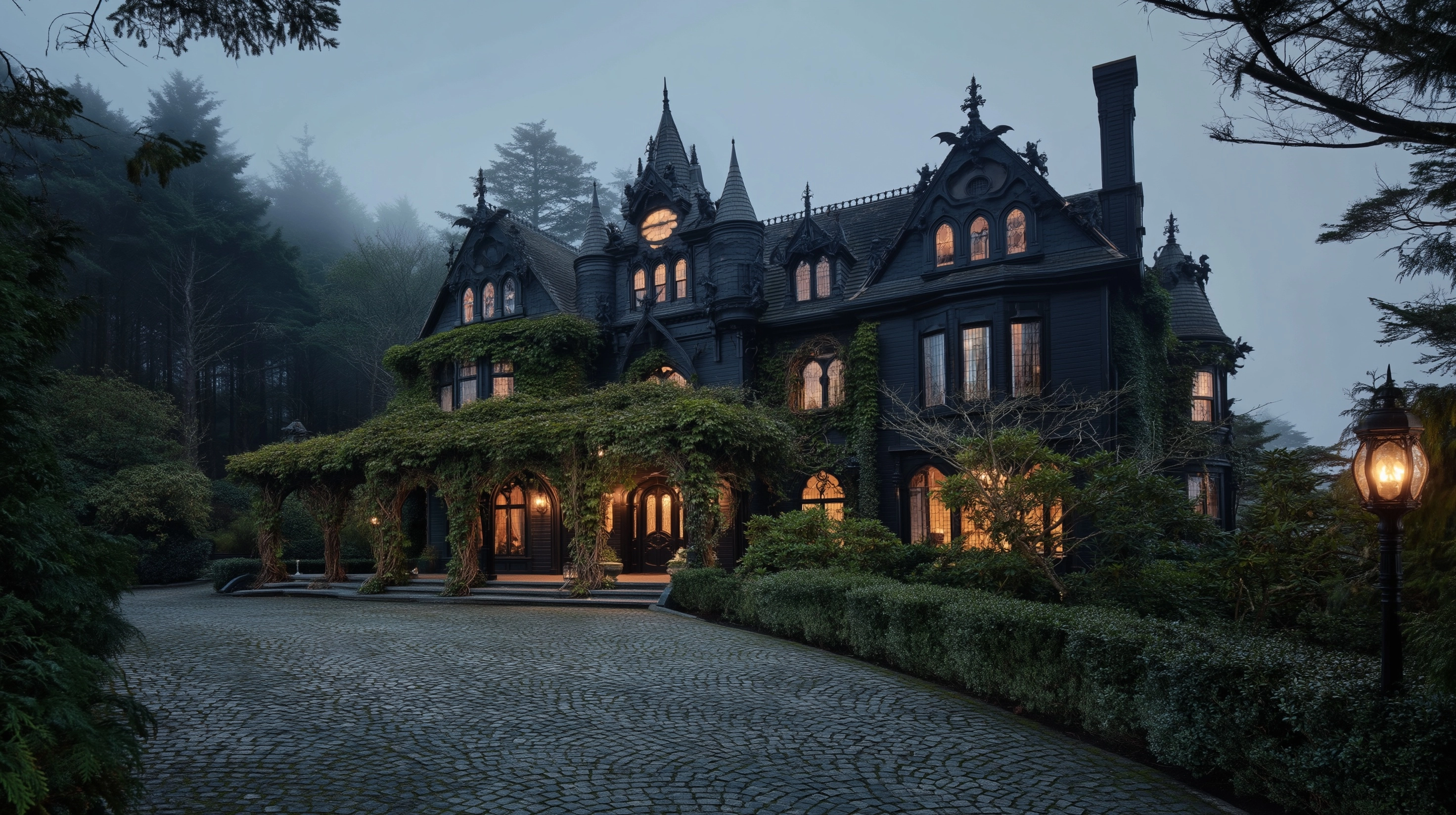 Award winning photography, Full wide shot of a sprawling dark old renovated dense ornate three-story