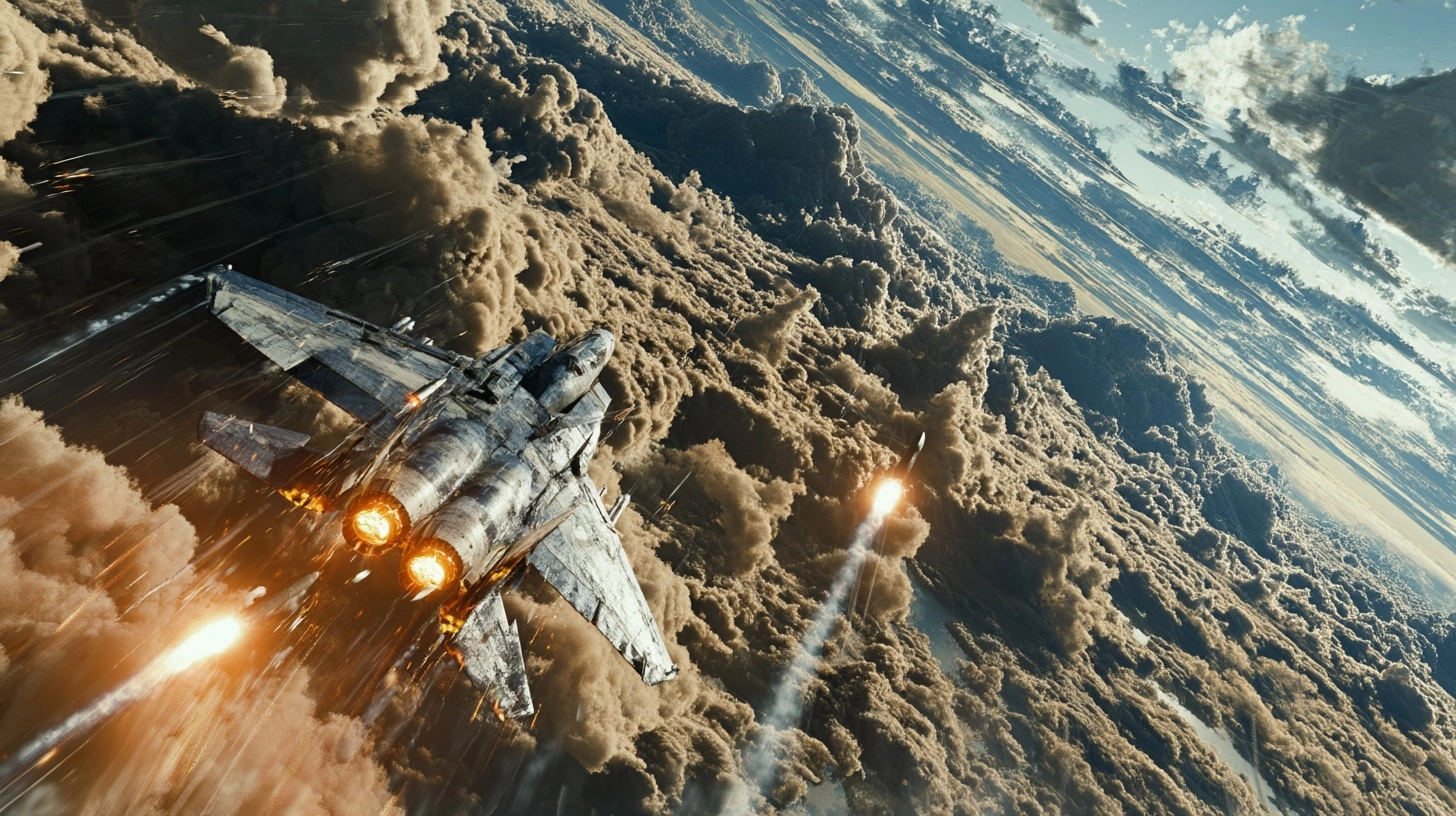 Cinematic aerial combat scene, fighter jet evading missile with flare deployment, dramatic clouds
