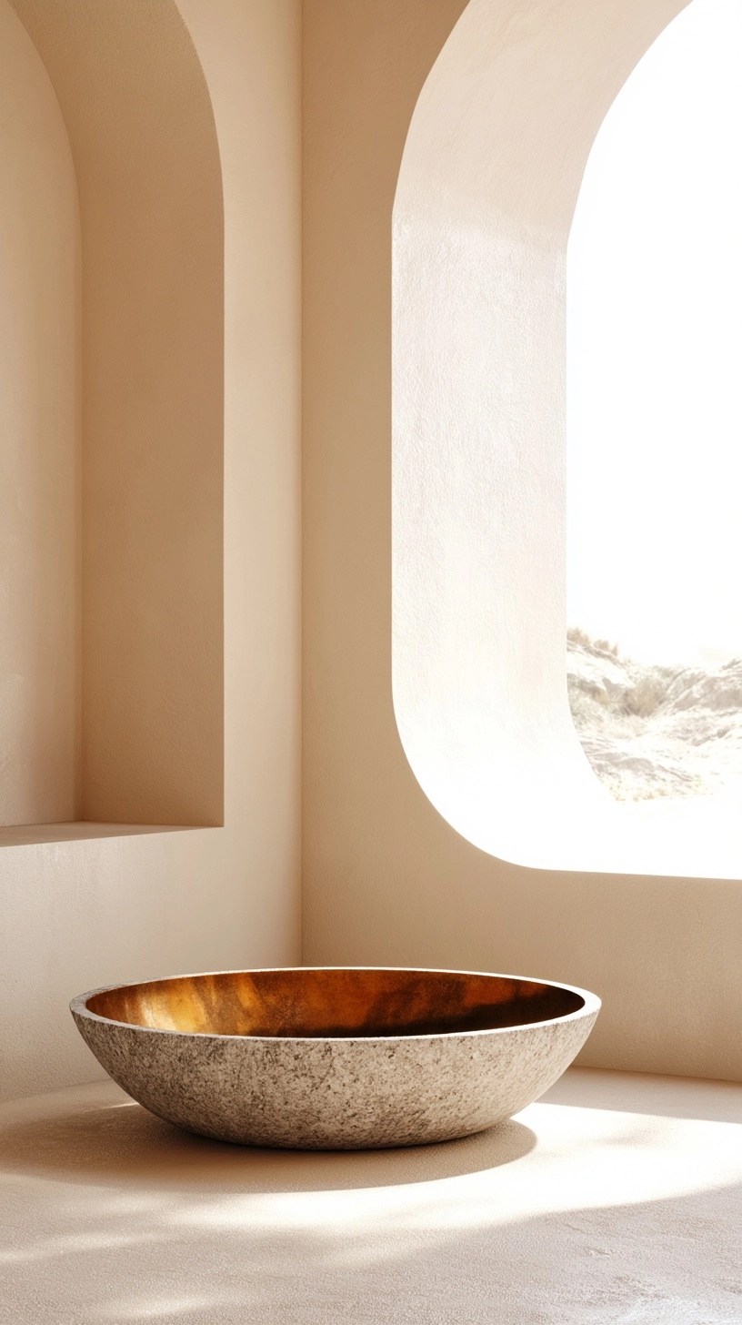Large statement bowl, metal-stone hybrid finish, oversized for holding blankets or floor pillows
