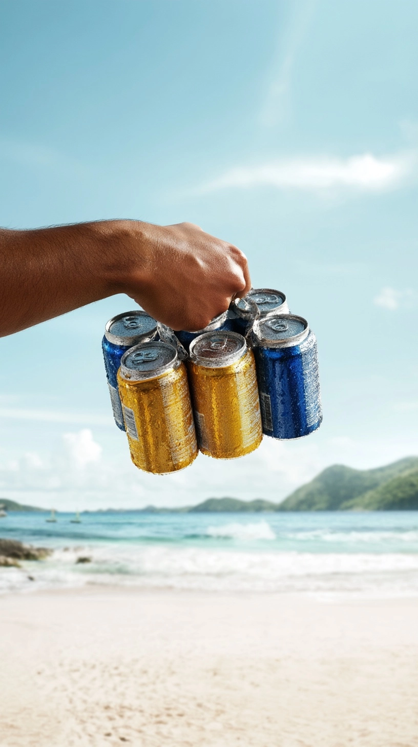 Close-up of latino hand carrying six pack of beer cans in tropical beach background. Cinematic light
