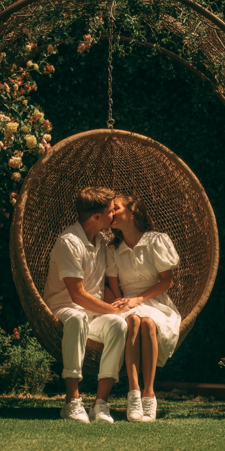 A photograph depicts a white man and woman kissing on a large