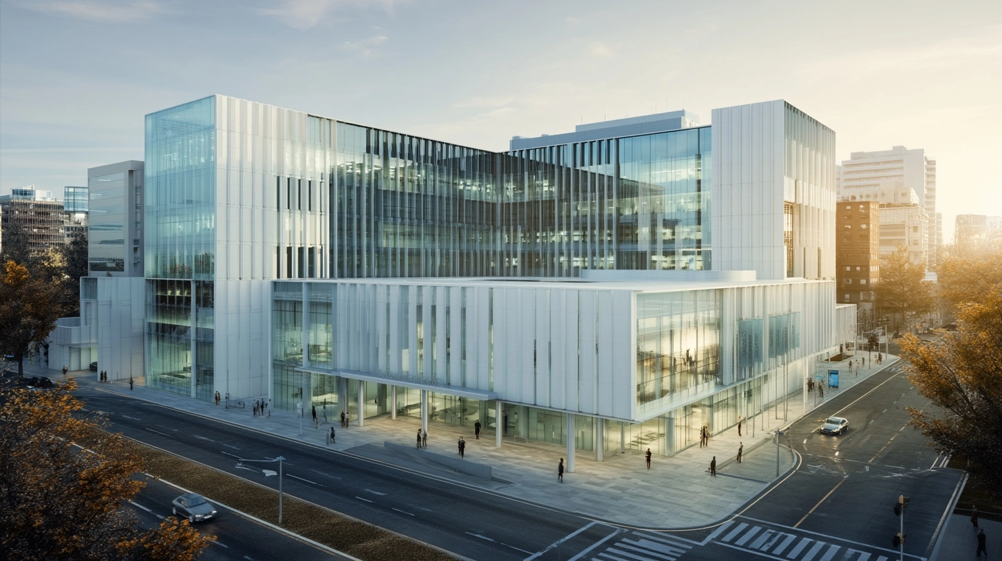 Modern high-end hospital building in a city, sleek architecture with glass, steel and white stone