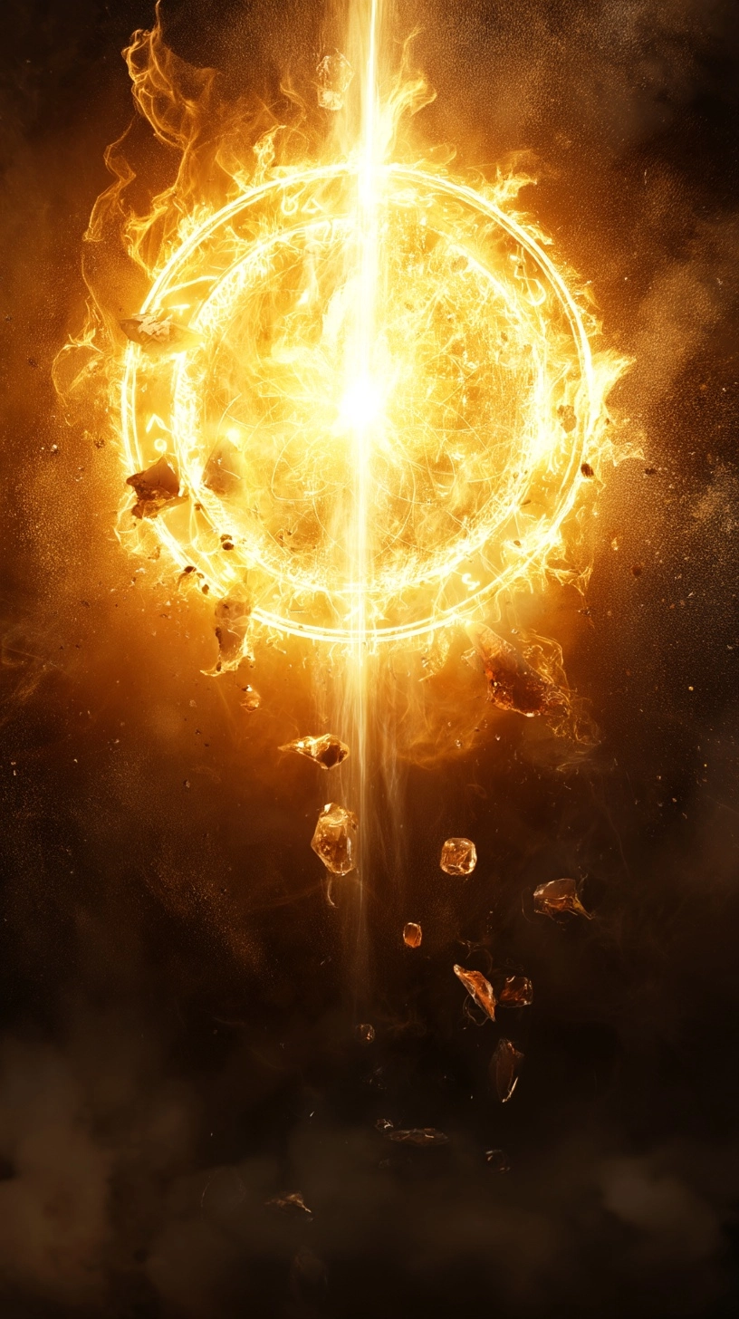 Divine golden magic energy explosion, ethereal glowing runes, floating crystal fragments