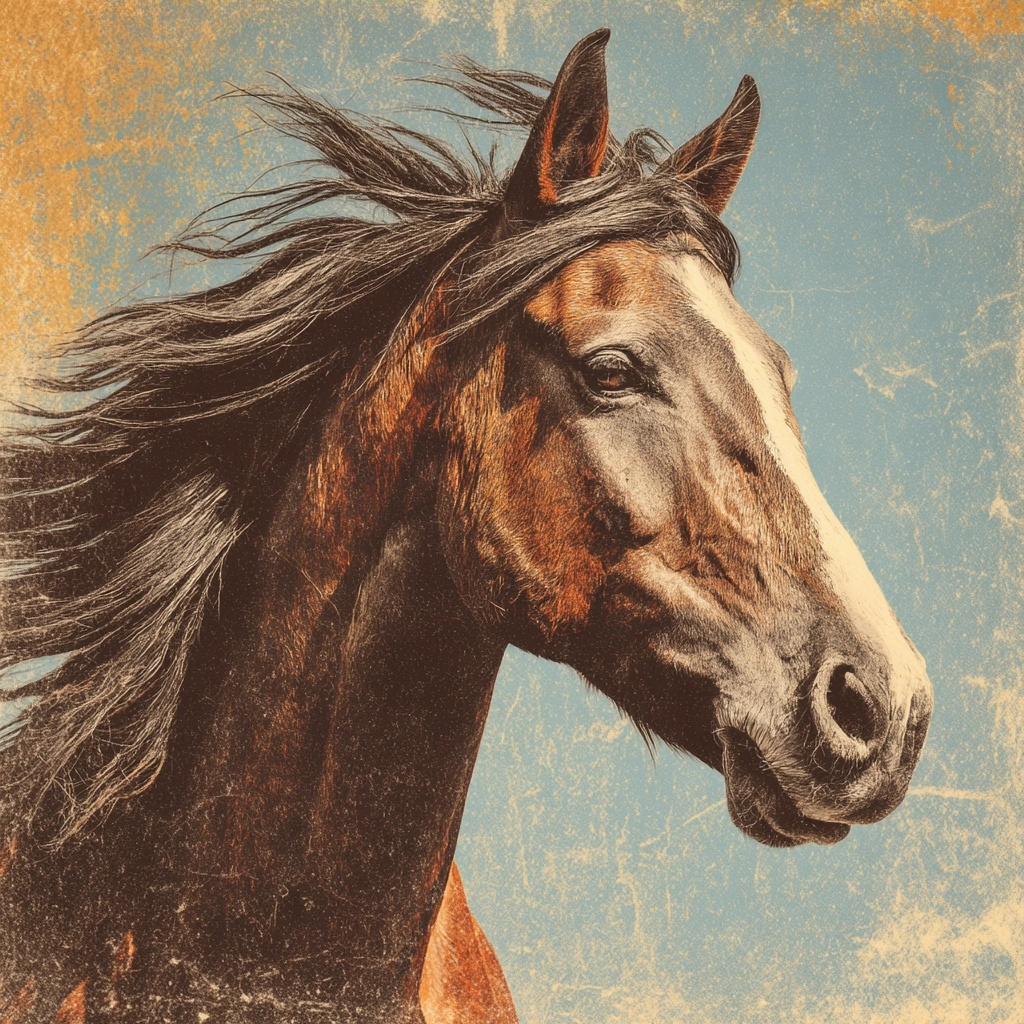 1940s-1950s pulp illustration style of a horse. weathered print texture