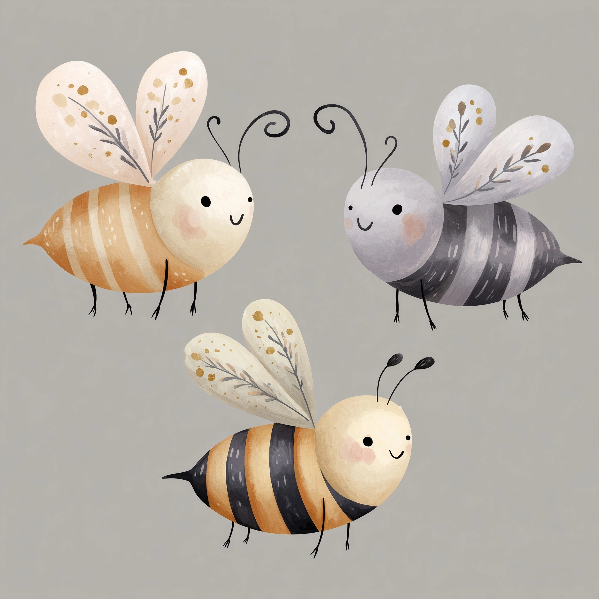 3 cute little boho flying bees, full body, clipart, watercolor, simple design