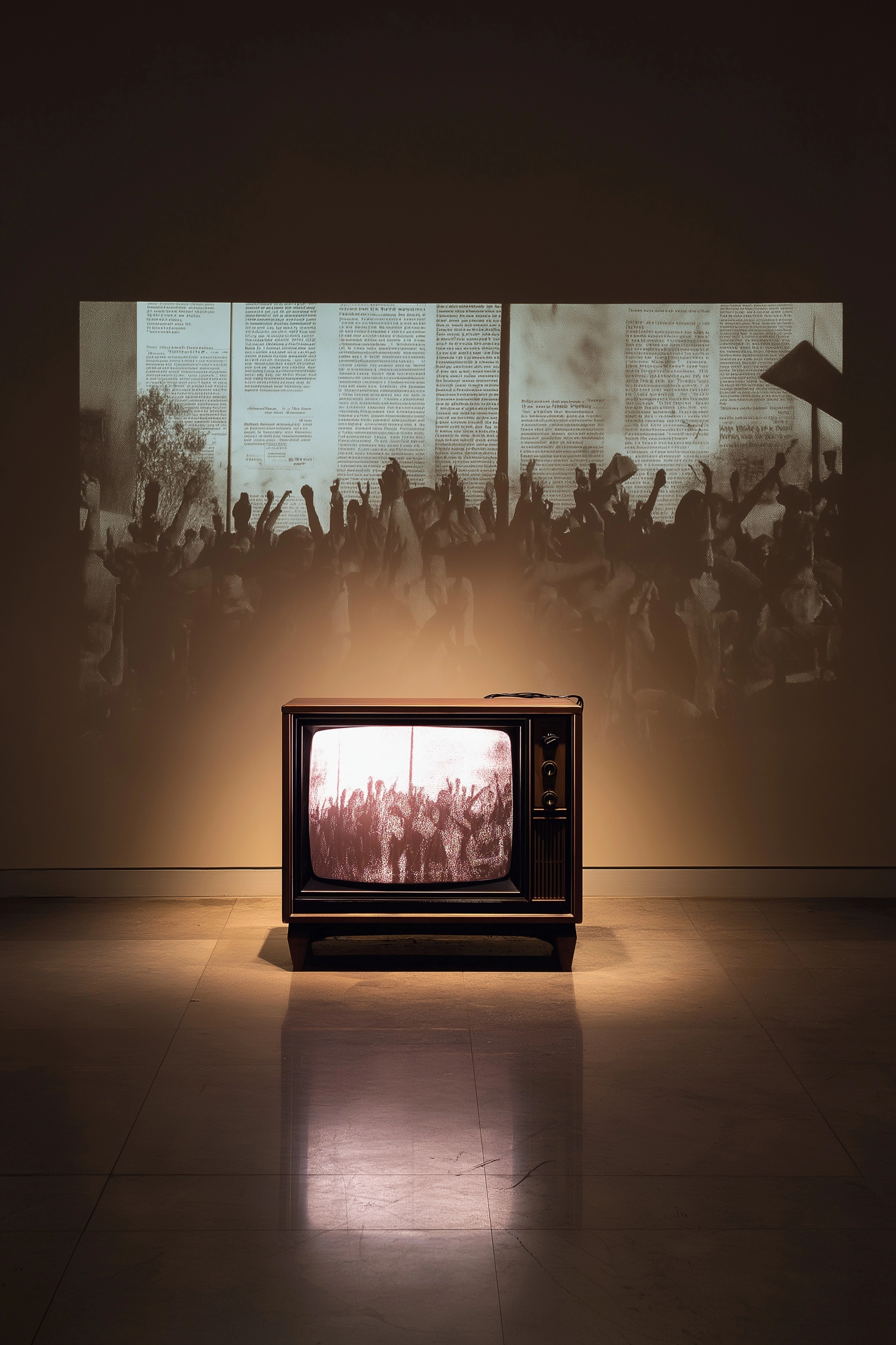 The television screen shows faint static interference mixed with abstract political imagery from 198